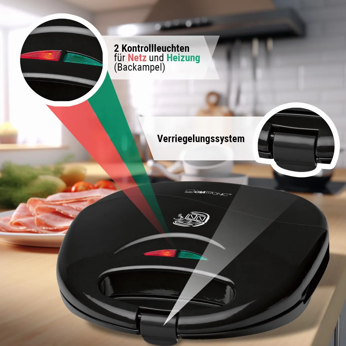 Clatronic ST 3477 sandwichera, tostadora de sandwich eléctrica, sandwichera con placas triangulares para sandwich (recubrimiento antiadherente), control automático de temperatura, 750 vatios, negro