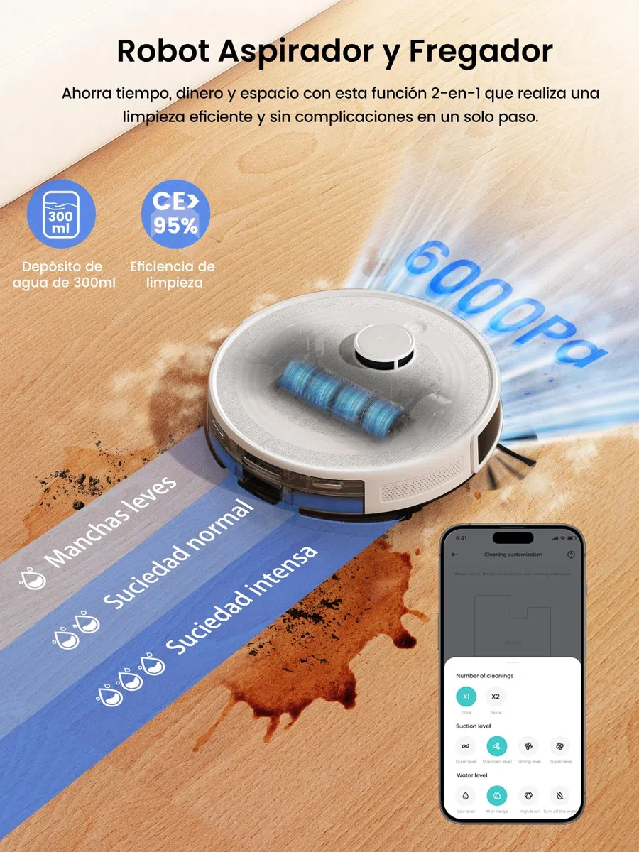 Lefant Robot Aspirador y Fregasuelos M2 Pro, 6000Pa Succión, 140min Autonomía, Autovaciado 60 Días, Navegación dToF, Obstáculos 190° PSD, Mapeo Multinivel, Mascotas