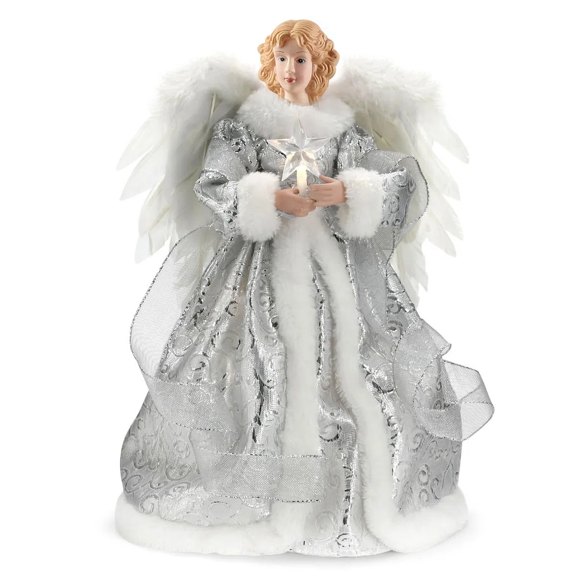 Punta para árbol de Navidad con ángel, figura con ángel de Navidad, decoración navideña para interiores con alas de plumas, 12,6 pulgadas (plateada)