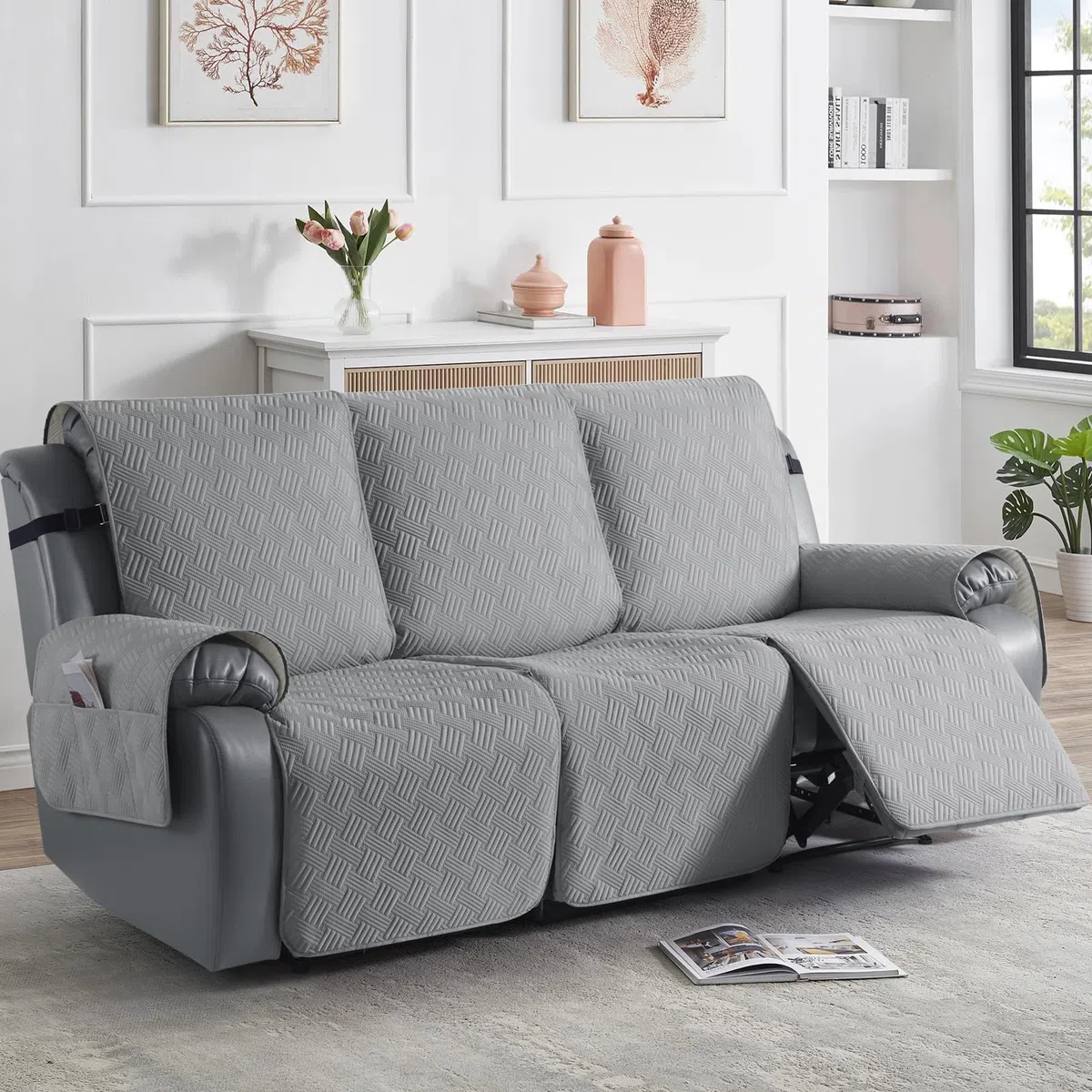 KinCam Funda Sillon Relax reclinable, Impermeable Funda para Sillón Relax con Bolsillo Laterales y Correas elásticas para Perros y Mascotas, Suave y Lavable Funda Sofa 3 plazas Gris Claro