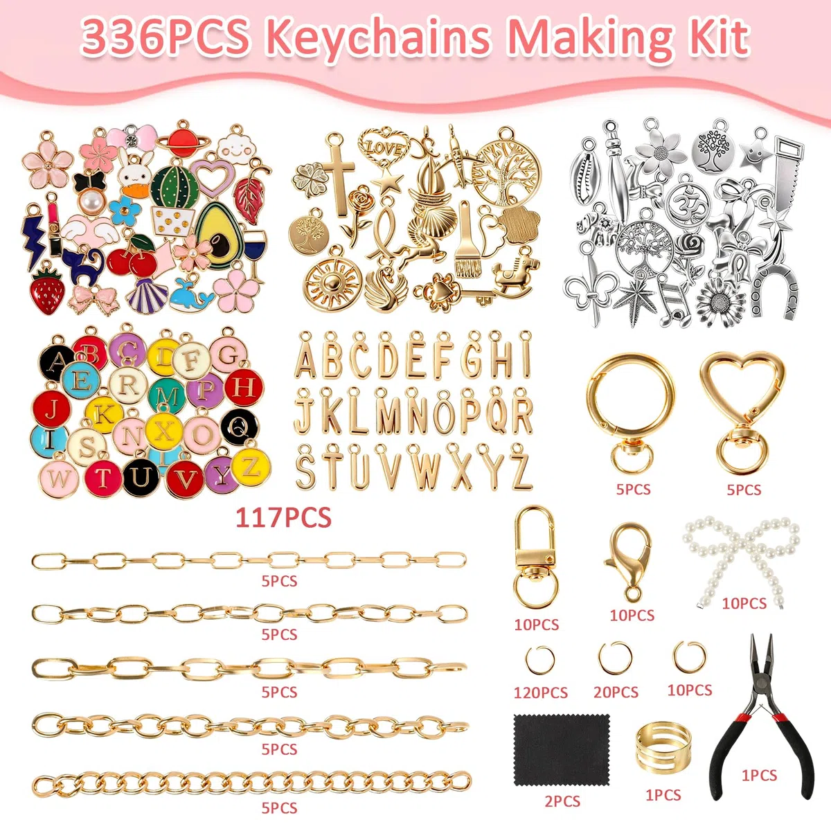 MWOOT Kit para Hacer Llaveros 336 Piezas, Suministros para Fabricación de Joyería, Incluye Colgantes, Anillas de Salto, Mosquetones y Alicates, DIY para Bolsos y Manualidades