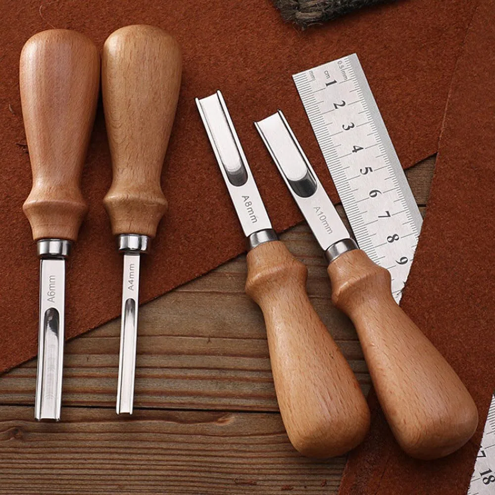 4 cuchillos de piel para paraer, herramienta de cuero con mango de madera, 4 mm, 6 mm, 8 mm, 10 mm, herramientas para reparar los bordes de la piel para trabajar el cuero para biselar cortar y marcar
