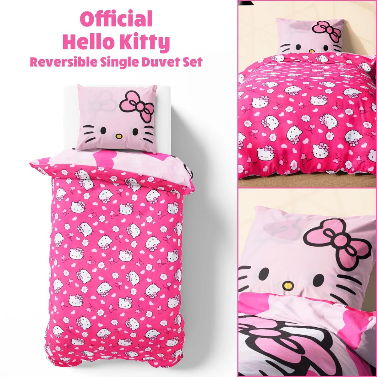 Hello Kitty Sanrio Juego de Cama Individual con Funda Nórdica Reversible 135x200cm y Funda de Almohada, Kuromi Cinnamoroll Accesorios Habitacion (Rosa Hello Kitty, Individual)