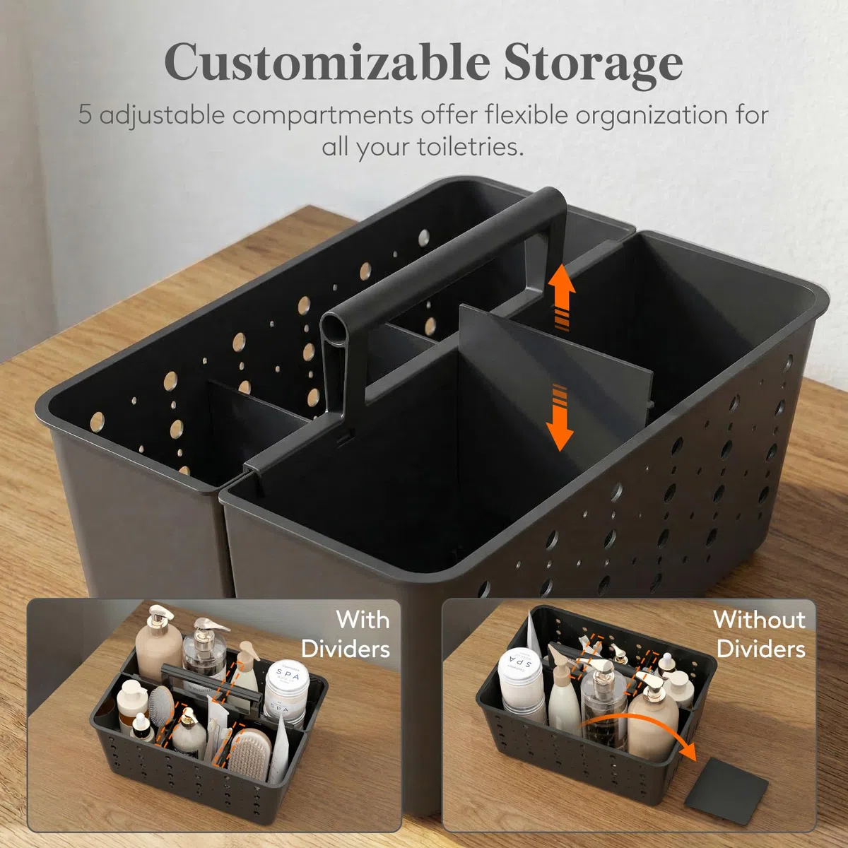 Lifewit Organizador de artículos de limpieza portátil, organizador de suministros de limpieza con asa y separadores ajustables, cesta de ducha de plástico para artículos esenciales de dormitorio