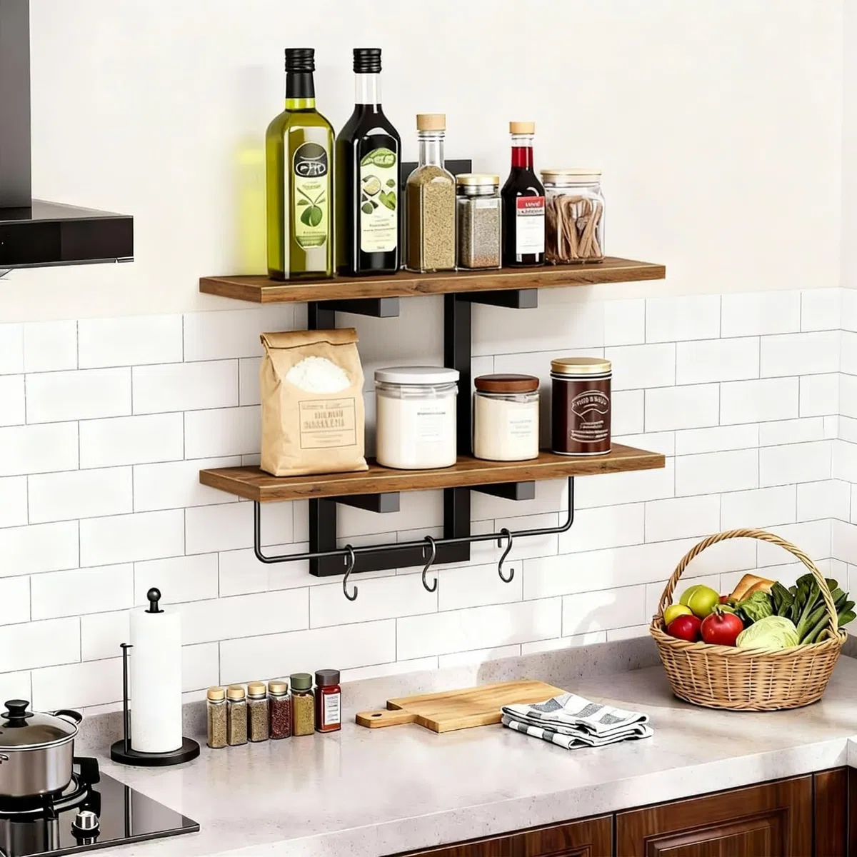 TRAYINDALY Estanteria Pared Madera de 2 Niveles, Baldas Flotantes Pared con Barra para Toallas y 3 Ganchos, Repisas de Pared Ideal para Dormitorio, Baño, Sala, Cocina, Oficina