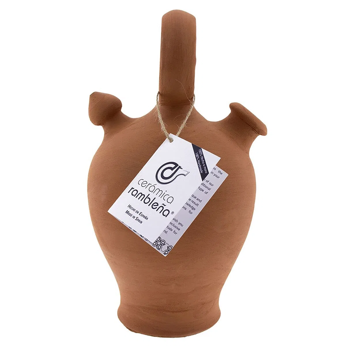 CERÁMICA RAMBLEÑA | Botijo de Barro Rojo Tradicional asa Redonda Base Vuelta de La Rambla (Córdoba) | 100% Hecho a Mano | 2.75 litros | Eco | Plato NO Incluido