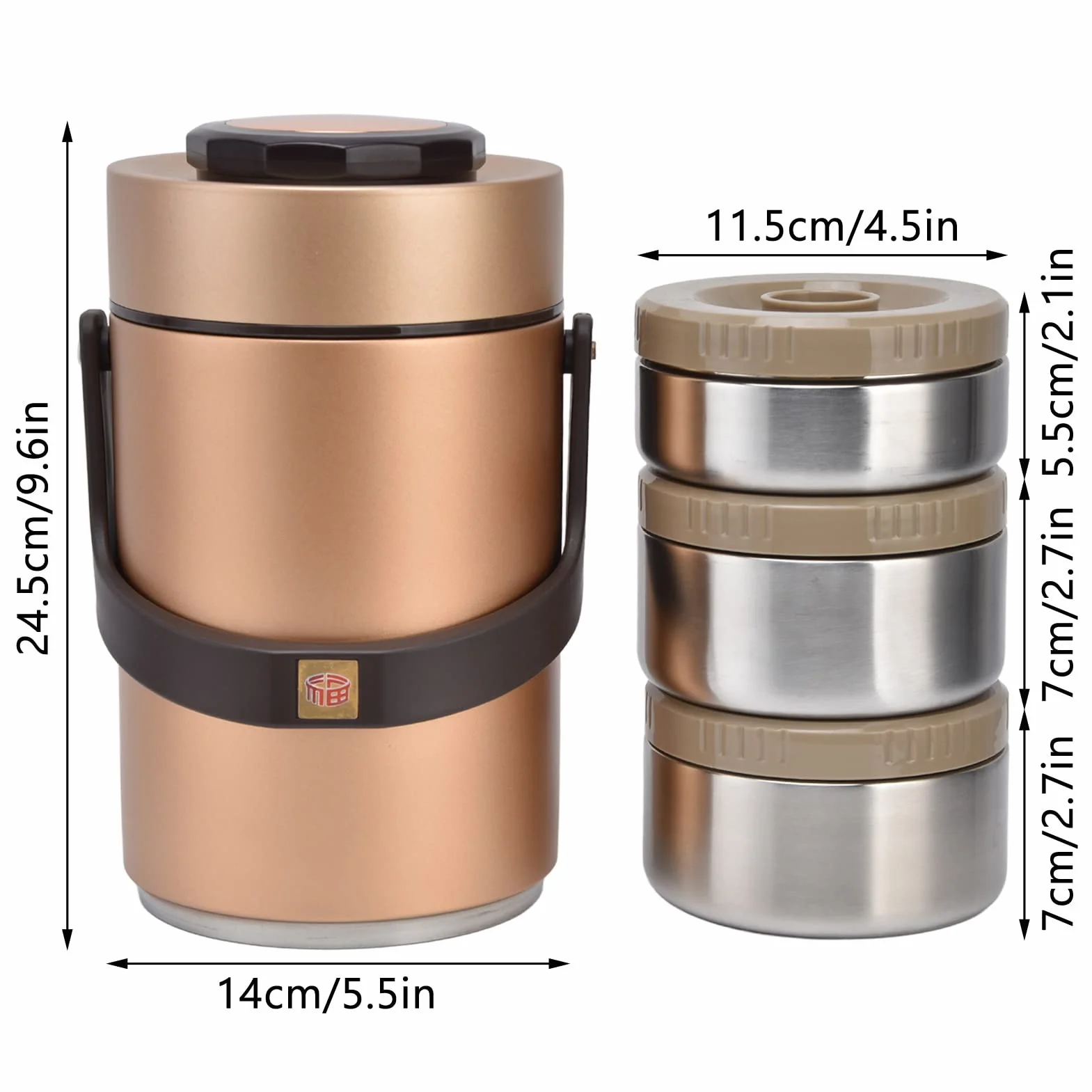 BuyWeek Tarro de Comida Aislado Contenedor de Almuerzo Aislado, 3 Capas de 2,3 L de Acero Inoxidable 304 para Viajes de Trabajo (Oro)