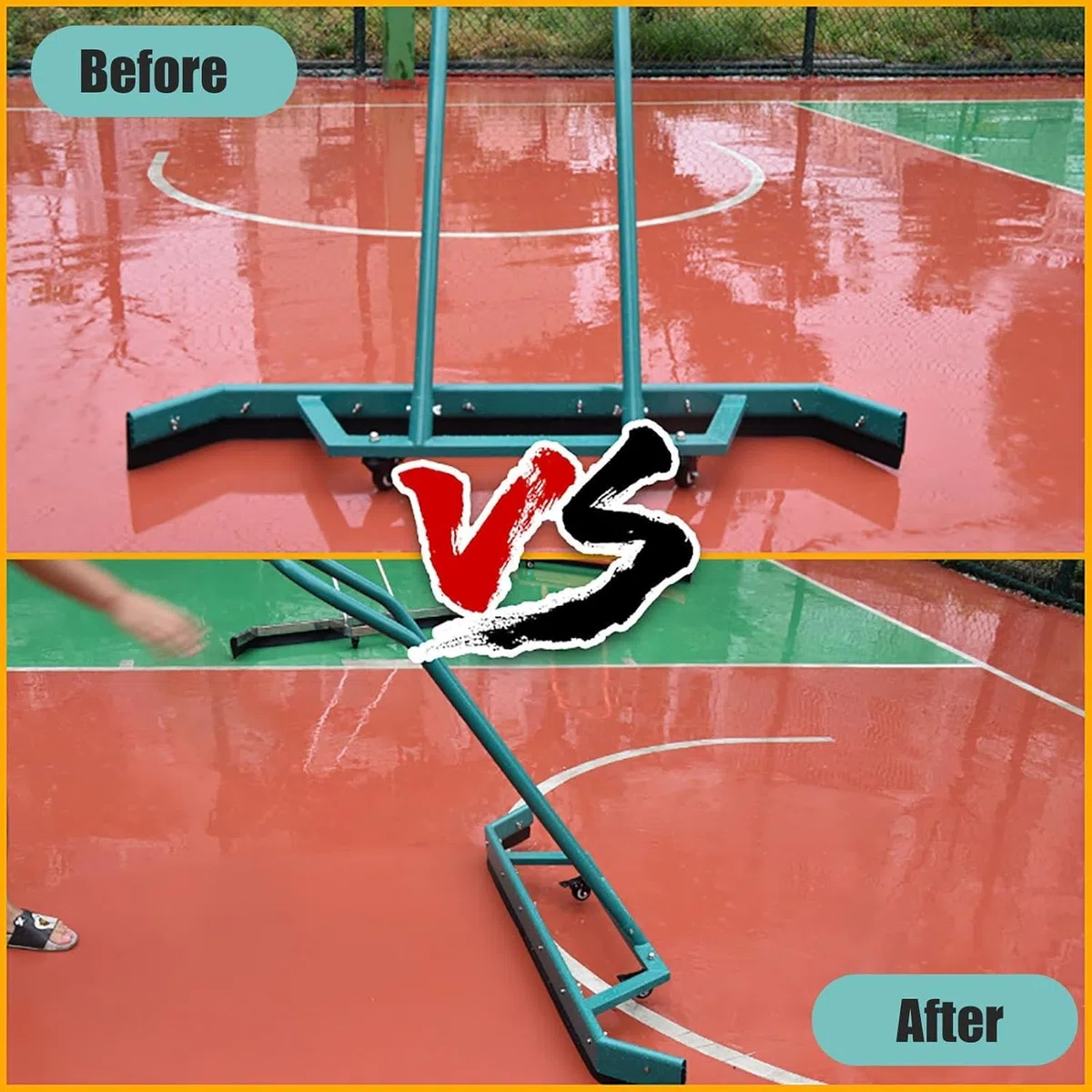 Rasqueta de suelo resistente con mango y ruedas para empujar agua estancada en tenis, canchas de baloncesto y estacionamientos
