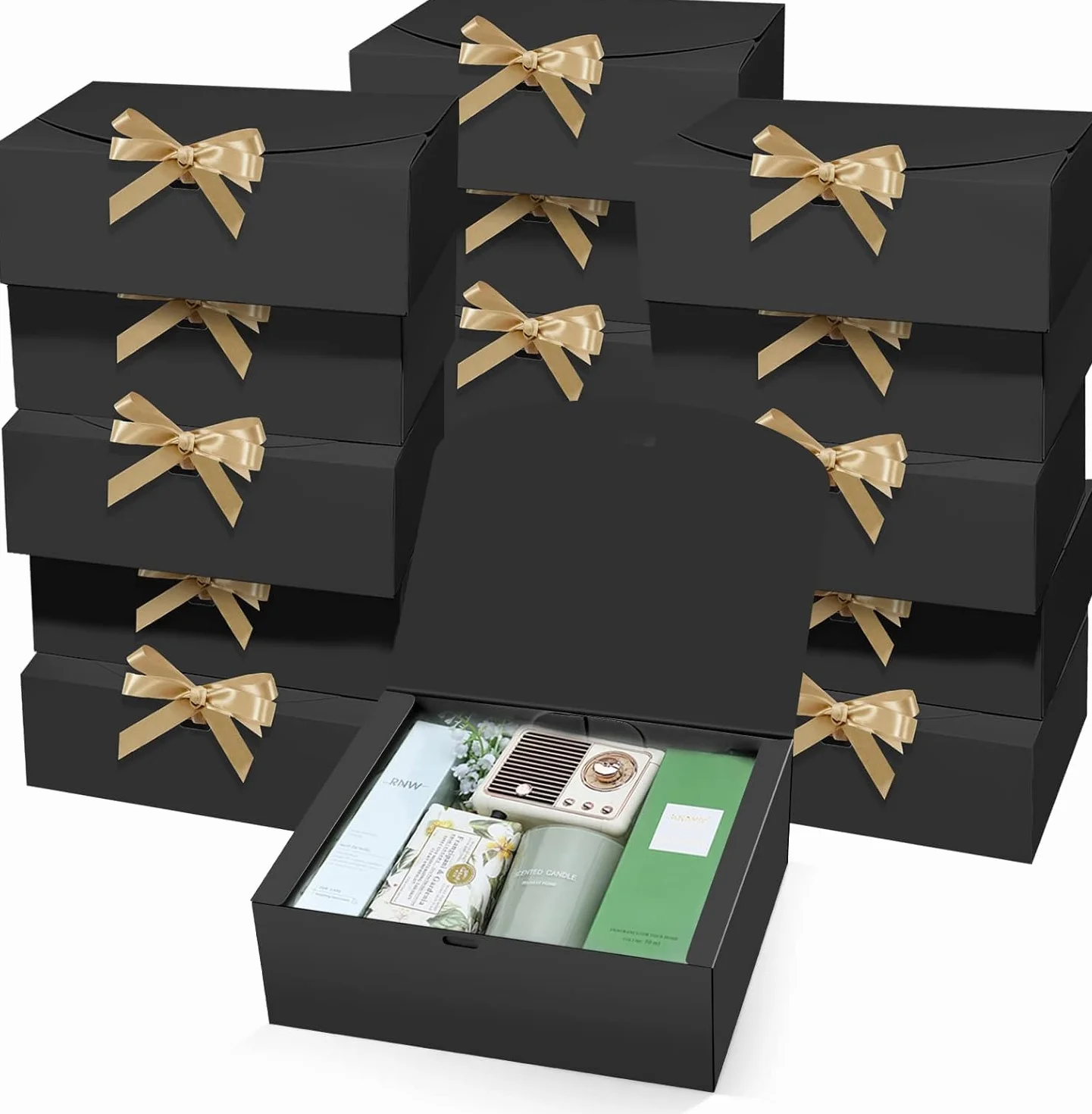 LATERN 15 Piezas Cajas de Regalo con Tapas, 25CM x 20CM x 10CM Negro Caja de Regalo de Papel Kraft Caja de Propuesta de Dama de Honor con Cinta Plateada para Boda Cumpleaños Navidad Presente Embalaje