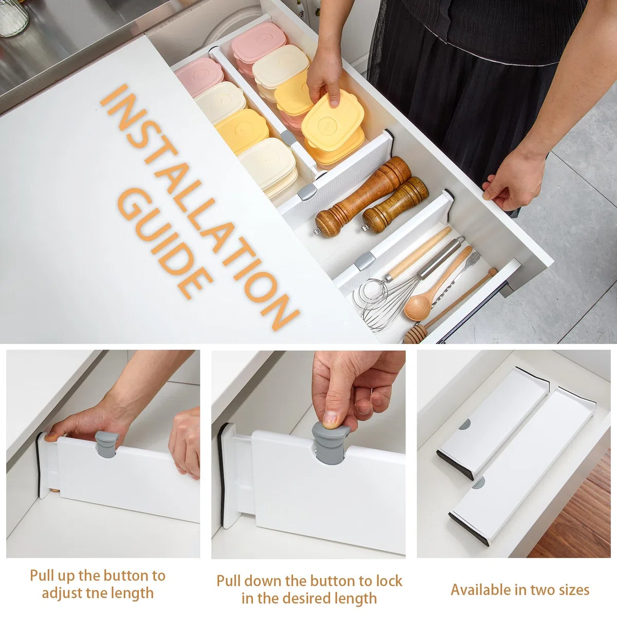 Cinnani Separadores de Cajones Ajustables, Juego de 5 Separador Cajones de Plástico, Extensible de 27,8 cm a 43,5 cm, Divisorias para Gavetas, Organizador Cajones Separador para Cocina, Baño, Oficina
