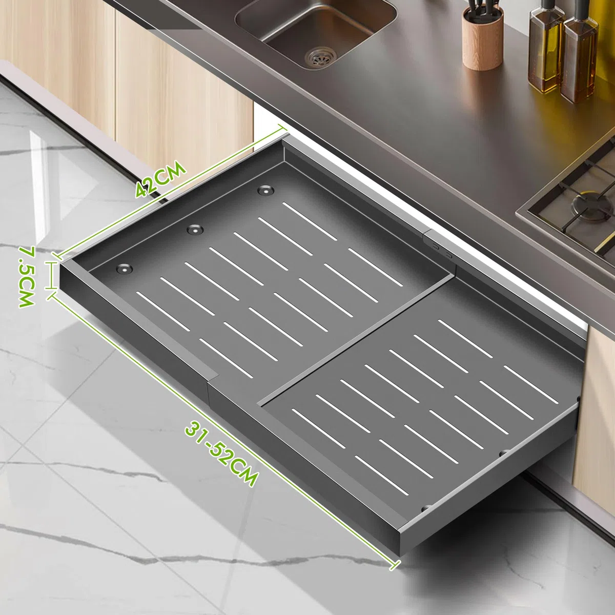 Mimoke Organizador de gabinete expandible y extensible, cajón telescópico para cocina con adhesivo, organizador de cajones de almacenamiento para cocina/baño (Gris titanio, (Pack de 2), Ancho 31-52 cm