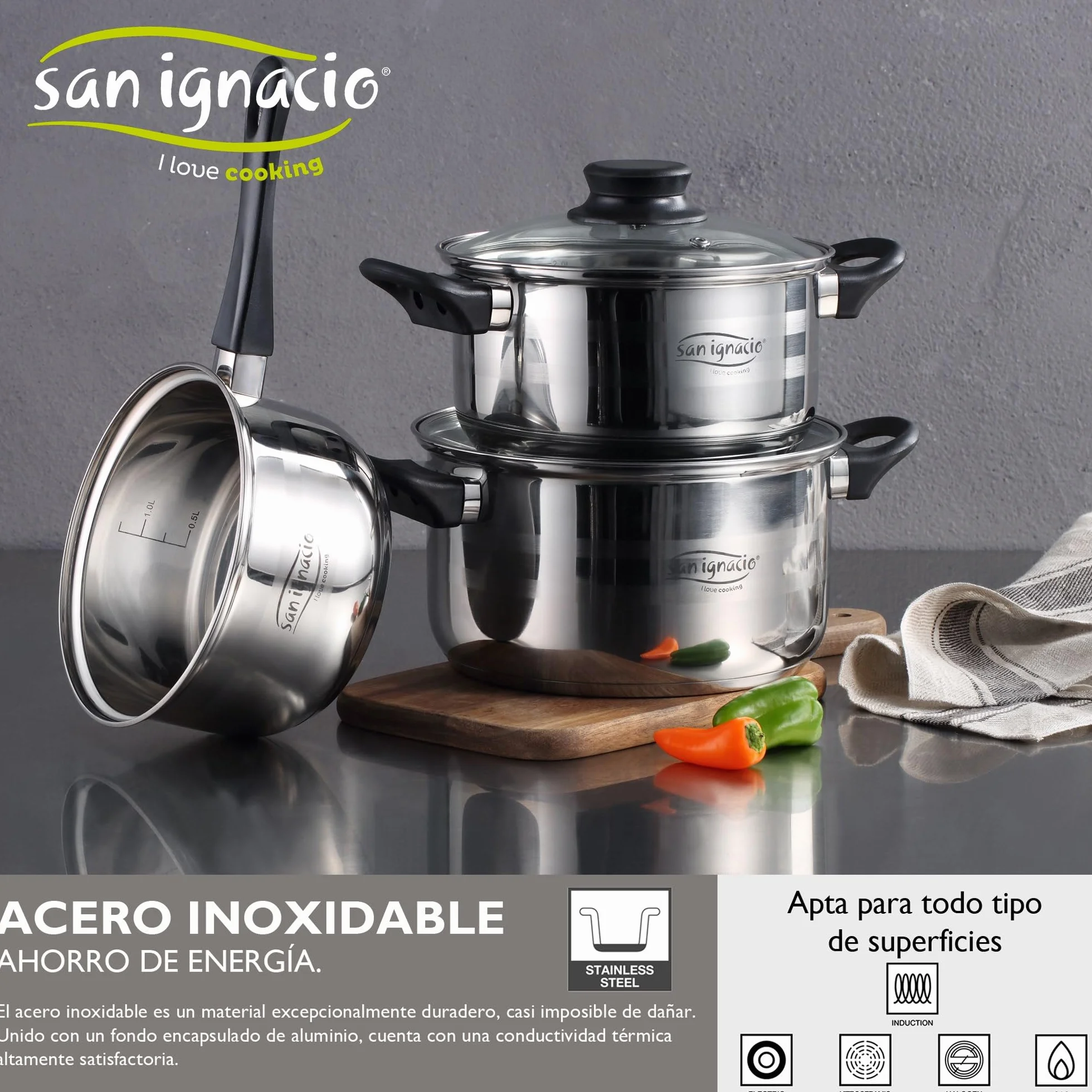 San Ignacio Premium - Batería de cocina de 3 piezas (1.6L, 2.3L, 3.3L) y Set de 3 sartenes (16-20-24 cm), aluminio prensado antiadherente, apto para todo tipo de cocinas incluido inducción, PK669
