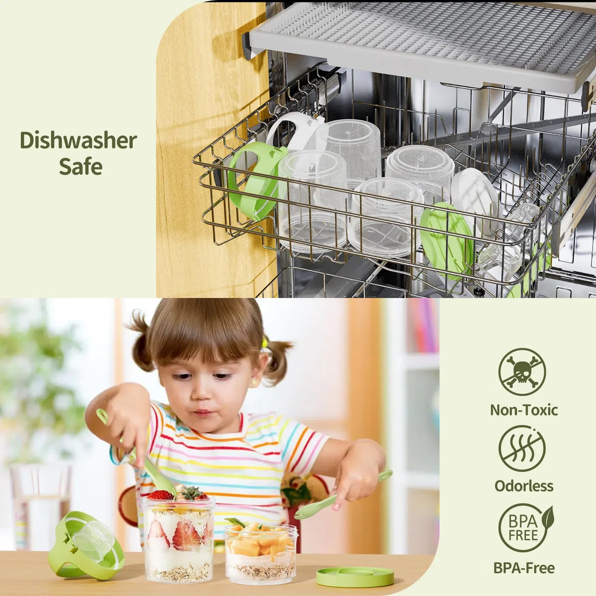 Luxear Juego de 2 Portátil Taza de Cereales y Yogur 560ml+360ml, Reutilizable Taza para Cereales para Llevar con Tapa y Cuchara, Libre de BPA, Ideal para Yogur, Frutos Secos y Avena, Blanco y Verde