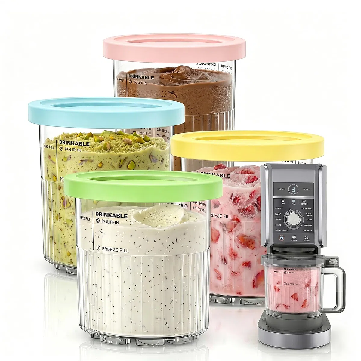 Pack de 4 Tarrinas para Creami Deluxe NC501 y NC500, 710ml (24oz) Recipientes de Repuesto con Tapas Herméticas, Sin BPA y Apto para Lavavajillas, Accesorios Heladera