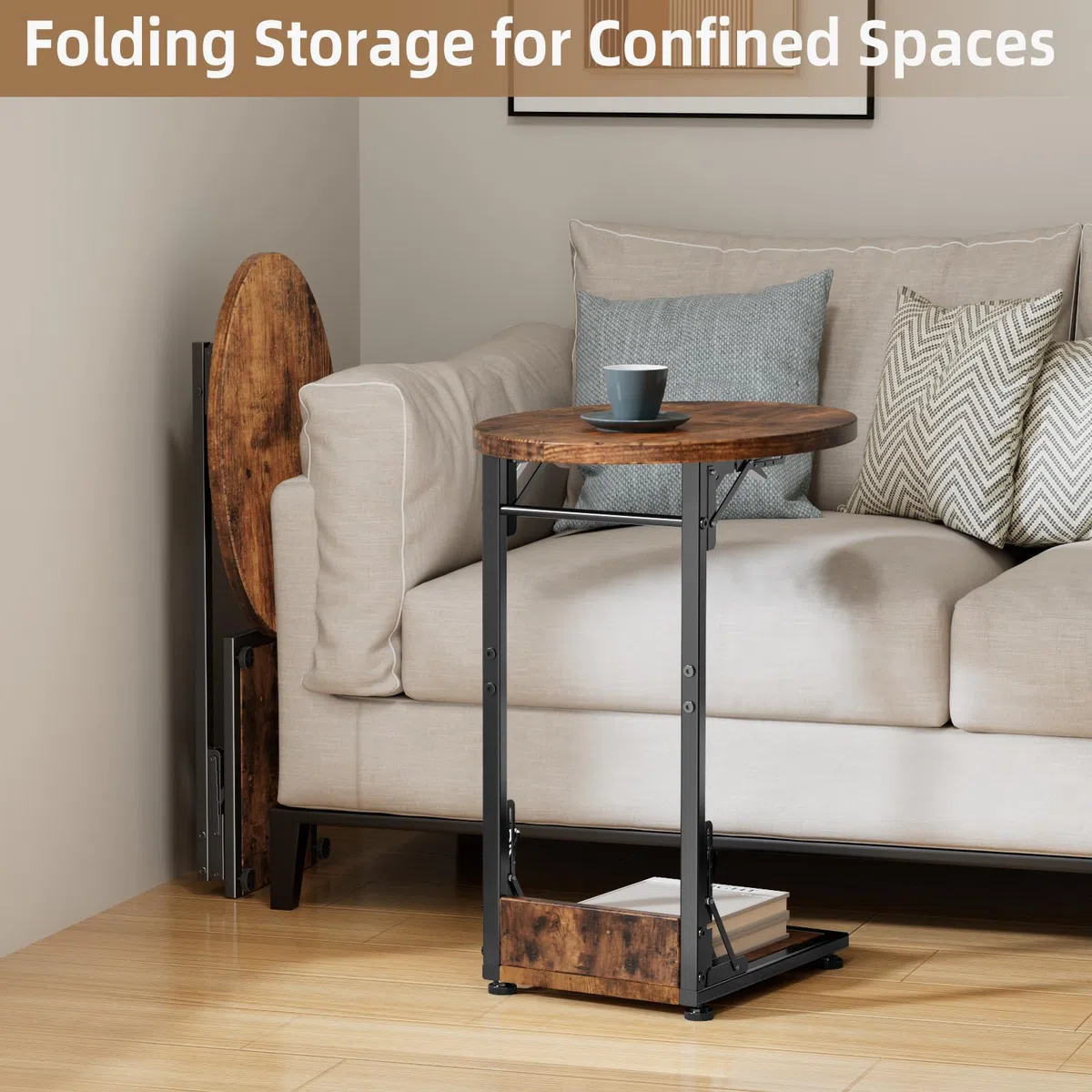 Bomclap Mesa de centro, mesa de sofá plegable en forma de C, pequeña mesa auxiliar con bolsa de almacenamiento, mesa de café con estructura de metal para salón, dormitorio, oficina, 40 x 33 x 64,5 cm