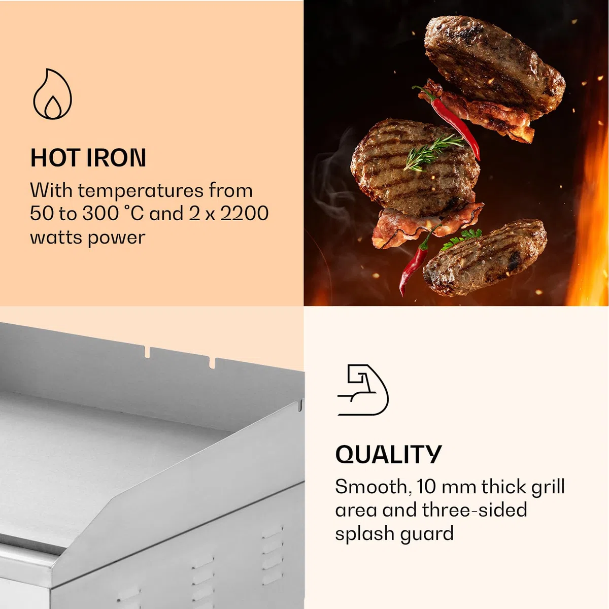 Klarstein Plancha Cocina Eléctrica Profesional, Grill de Acero Inoxidable, Antiadherente con Bandeja Aceite Extraíble, LED, 2 Espátulas, Plancha de Asar, Camping y Restaurantes 200W, Plata