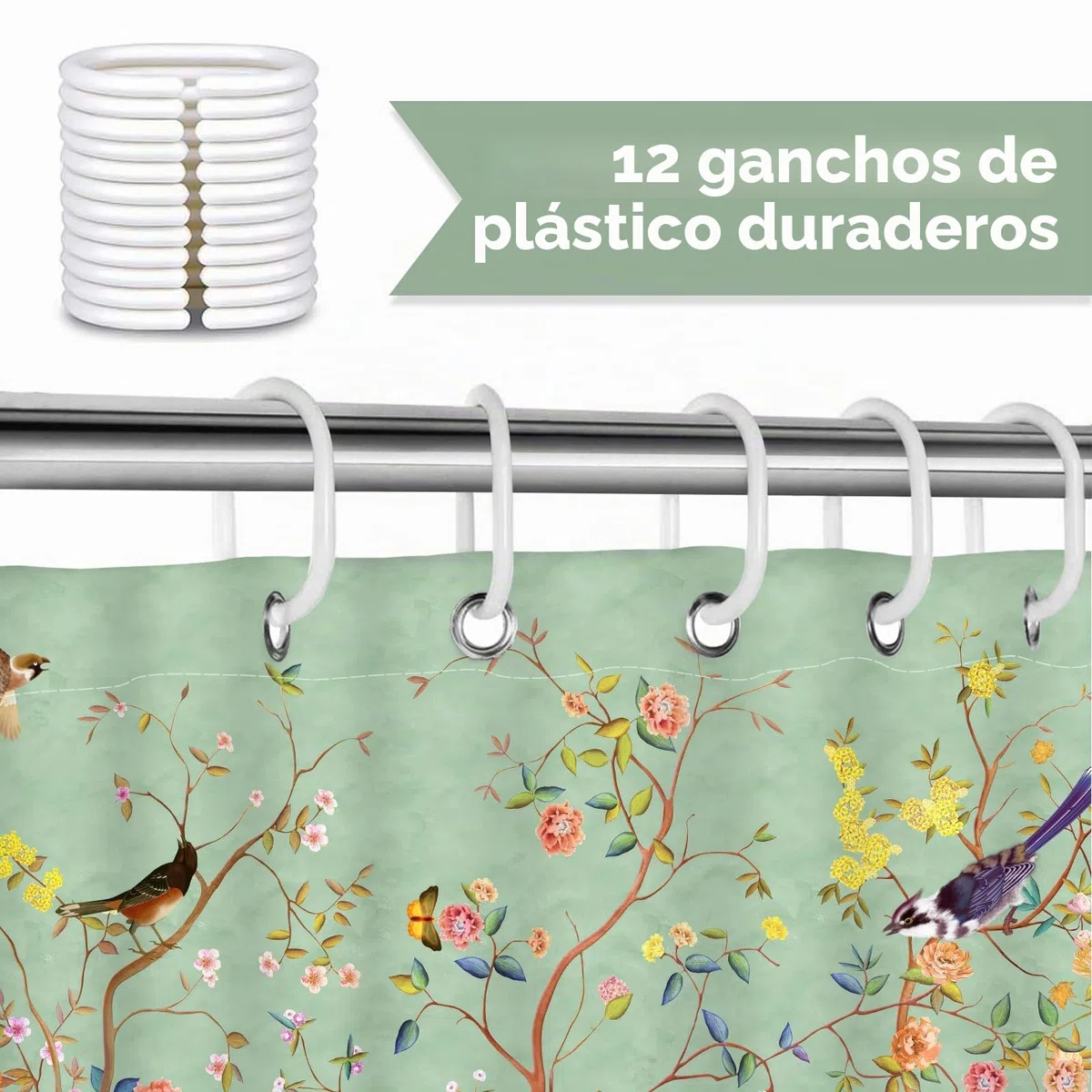 Cortina de Ducha con diseño artístico con Fondo Verde, Motivos de árboles, pájaros y Flores, Cortina de Ducha Impermeable para la decoración del baño, 180 x 180 cm con 12 Ganchos