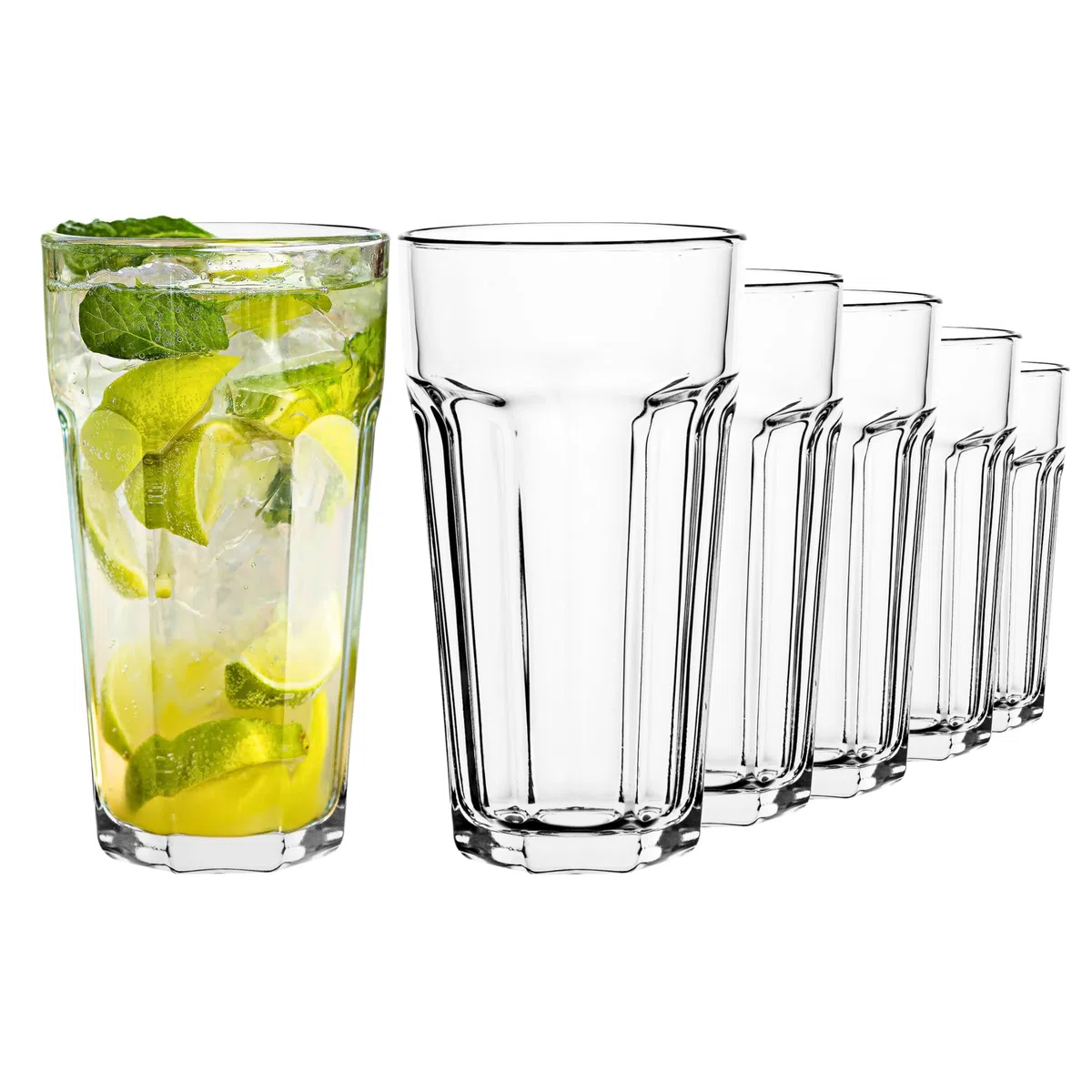 TREND FOR HOME Vasos Cóctel XXL Caipirinha Highball 630 ml Set de 6 Diseño Retro Tumbler Agua Zumo Café Frío Longdrink Vidrio Soda-Lima Sin Plomo Apto Lavavajillas Colección Alva Transparente