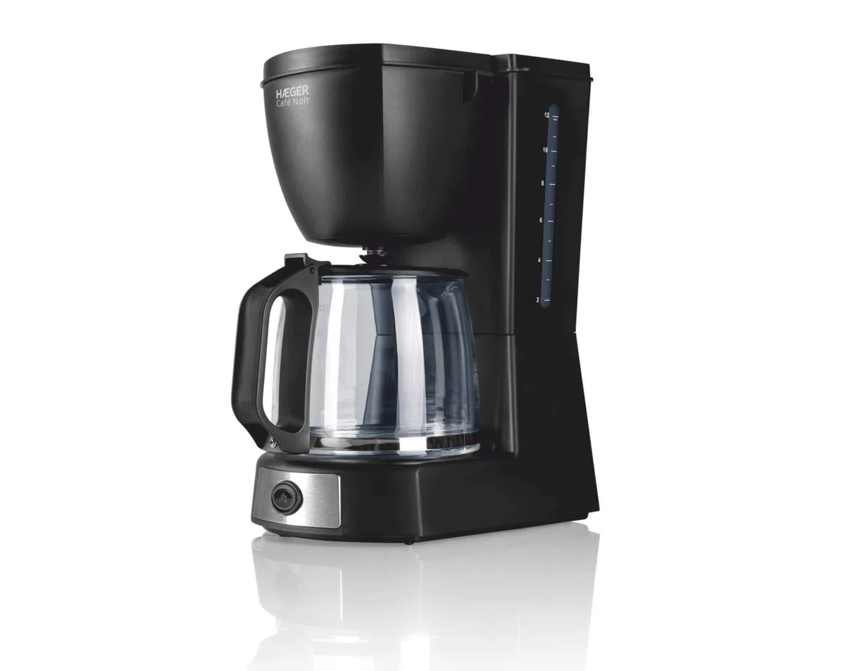 HAEGER CAFÉ Noir - Cafetera de Goteo, Capacidad 12 Tazas, 680W de Potencia, Placa calentado para Mantener el Calor, indicador de Nivel de Agua, Sistema Anti-Goteo, Jarra de Vidrio con Tapa articulada