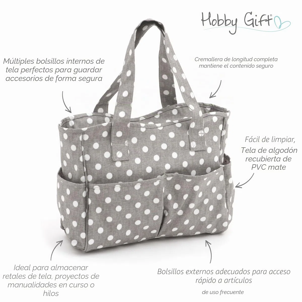 Hobby Gift MRB 8 Artesanal Exclusiva, Bandolera, Bolsa de Tejer, Almacenamiento de Hilo, Mochila Escolar, 13 x 36 x 31cm, Algodón de PVC, Lunares Gris