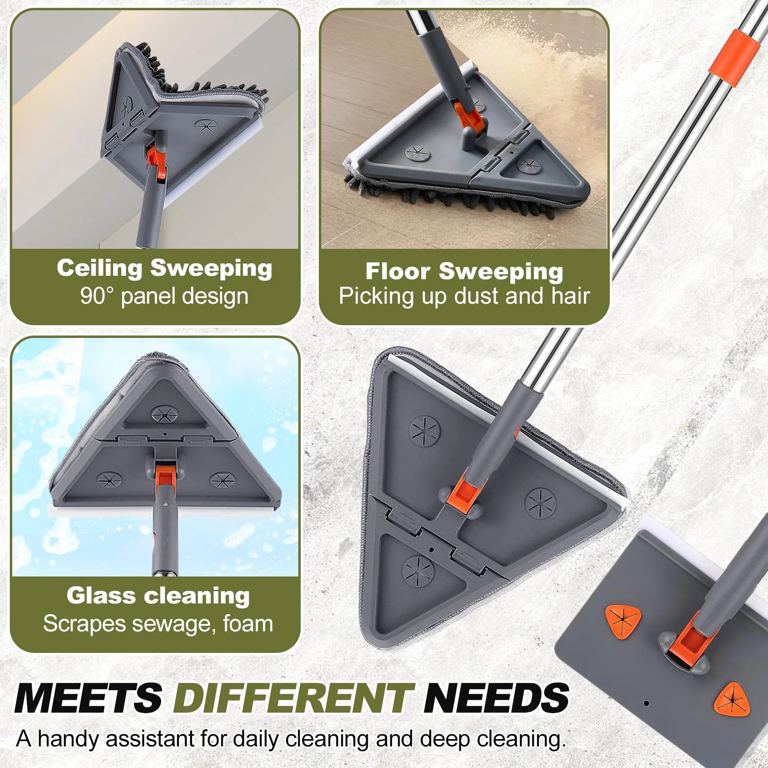 Trapeador de Limpieza Triangular, Limpiador de Pared Mopp con Mango Largo, Mopa Limpia Paredes con Rasqueta, Mopa Triangular Giratoria 180º para Limpiar Azulejos con 8 Paños (4 en 1)