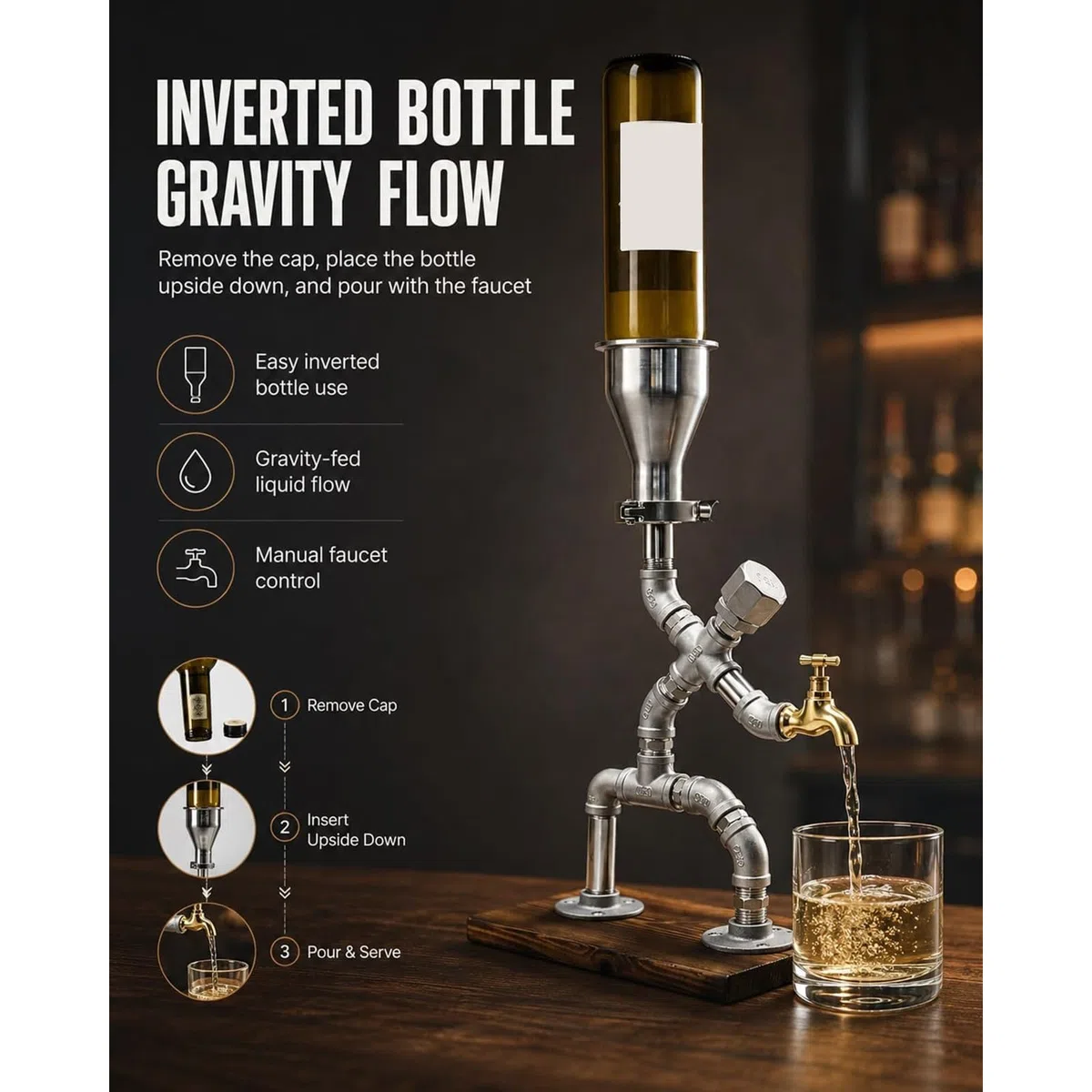 Dispensador de bebidas por gravedad de estilo industrial, dispensador de licor artesanal estilo steampunk, robot camarero con diseño de tuberías industriales, para bar en casa o pub.