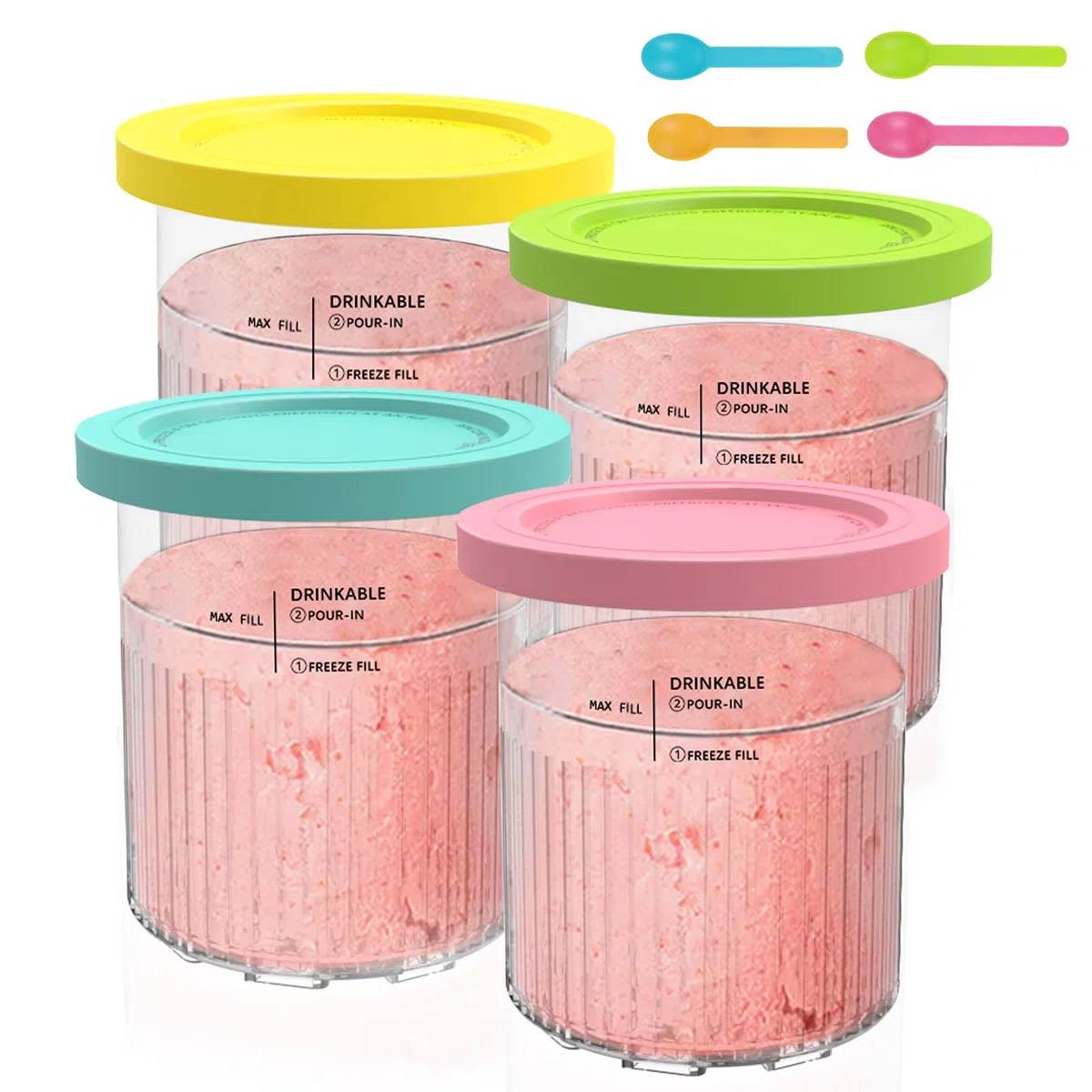 Hejo 4 Piezas Recipiente de Helado para Ninja Creami Deluxe Pints, 680 ML Recipiente para NC500 NC501, Dessert Tubs de Helado con Tapa y Cuchara, Accesorios para Ninja Ice Creami
