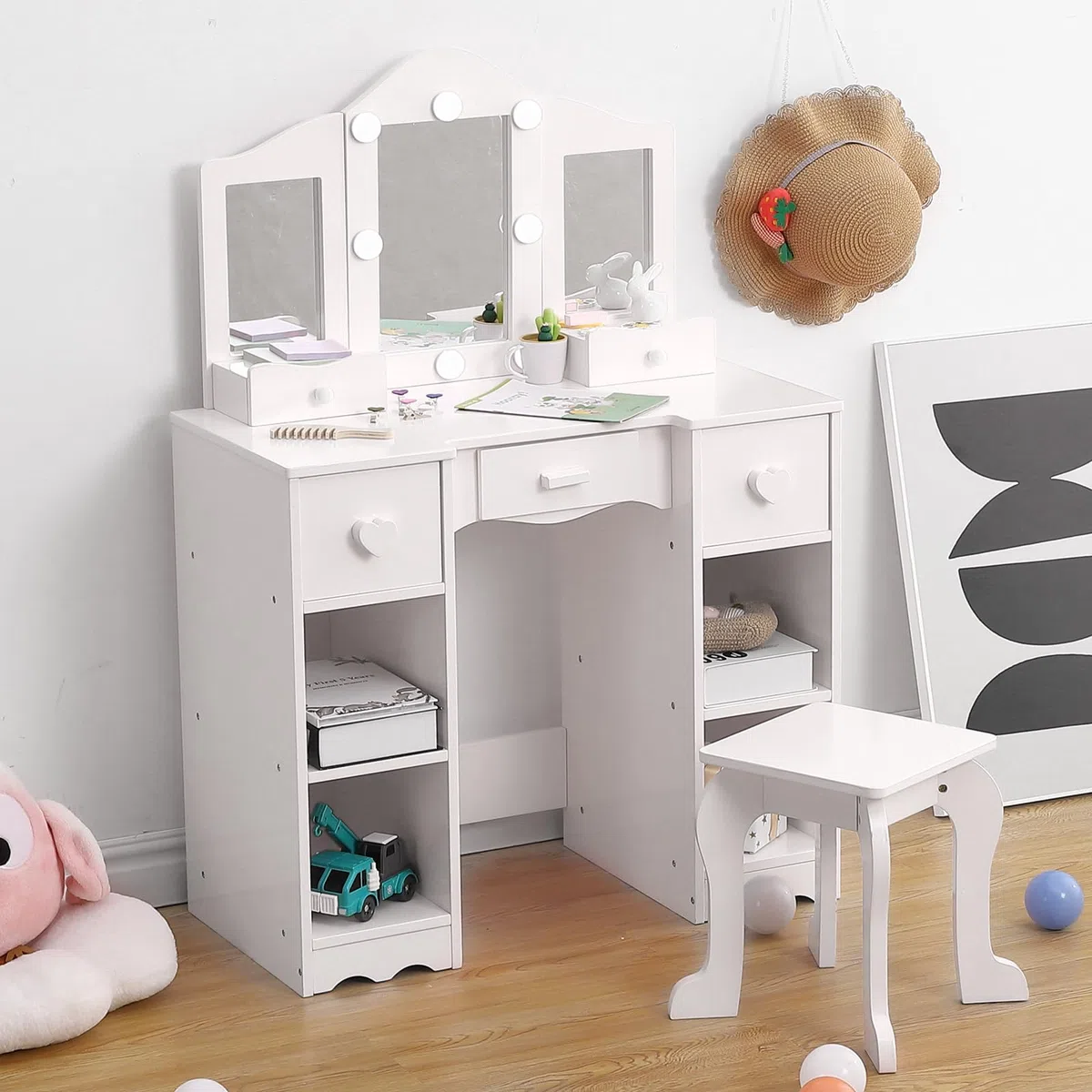 GarveeHome Tocador Infantil de Madera con Espejo LED y Taburete – Mesa de Maquillaje Blanca escandinava para niñas, 5 cajones y 4 Compartimentos Abiertos, Dormitorio o Zona de Juegos – Color Blanco