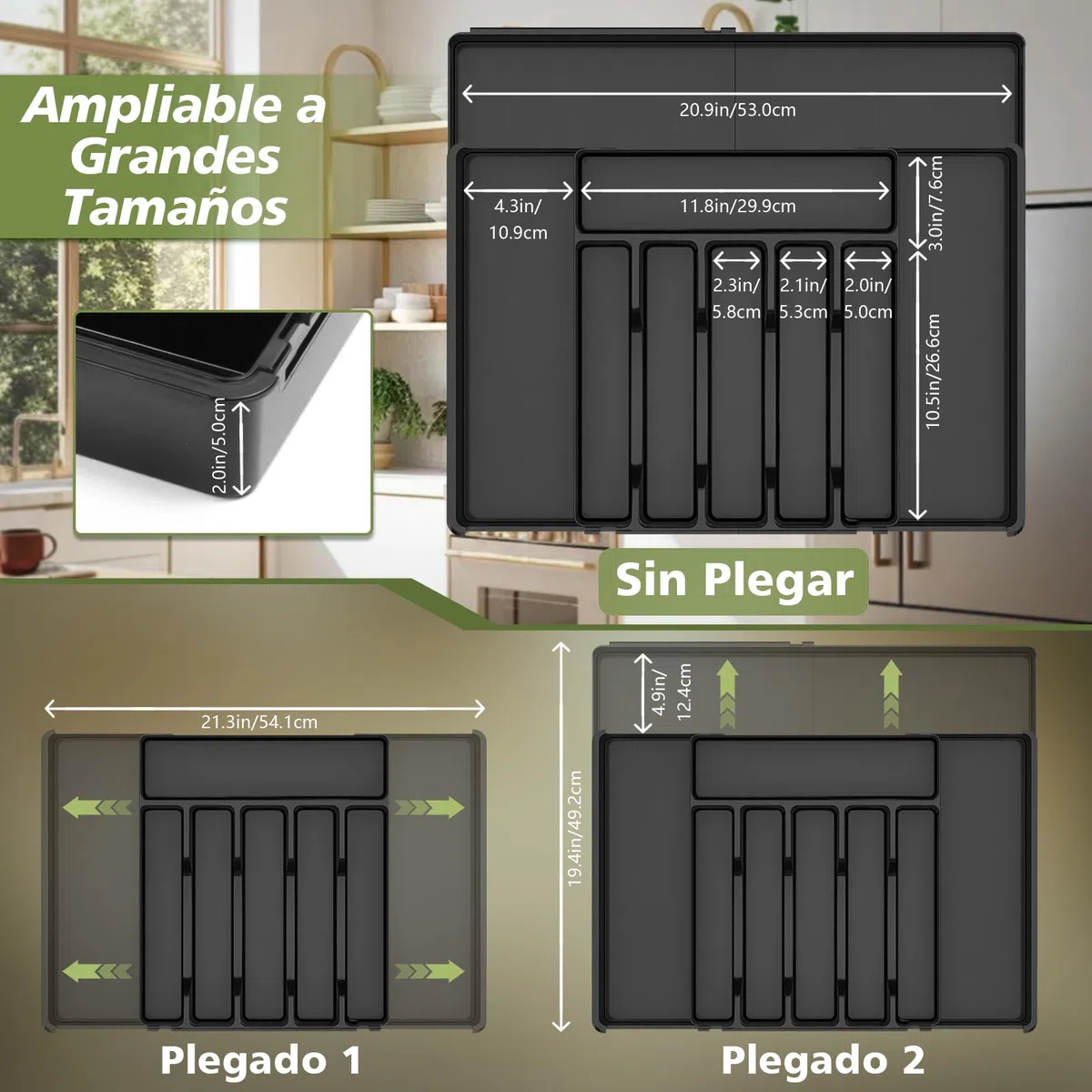 Charmofun Bandeja Cuberteros para Cajon Cocina, Organizador Cubiertos Extensible con 9 Compartimentos, Organizador Cocina Negro para Cucharas y Tenedores, Kitchen Organizer