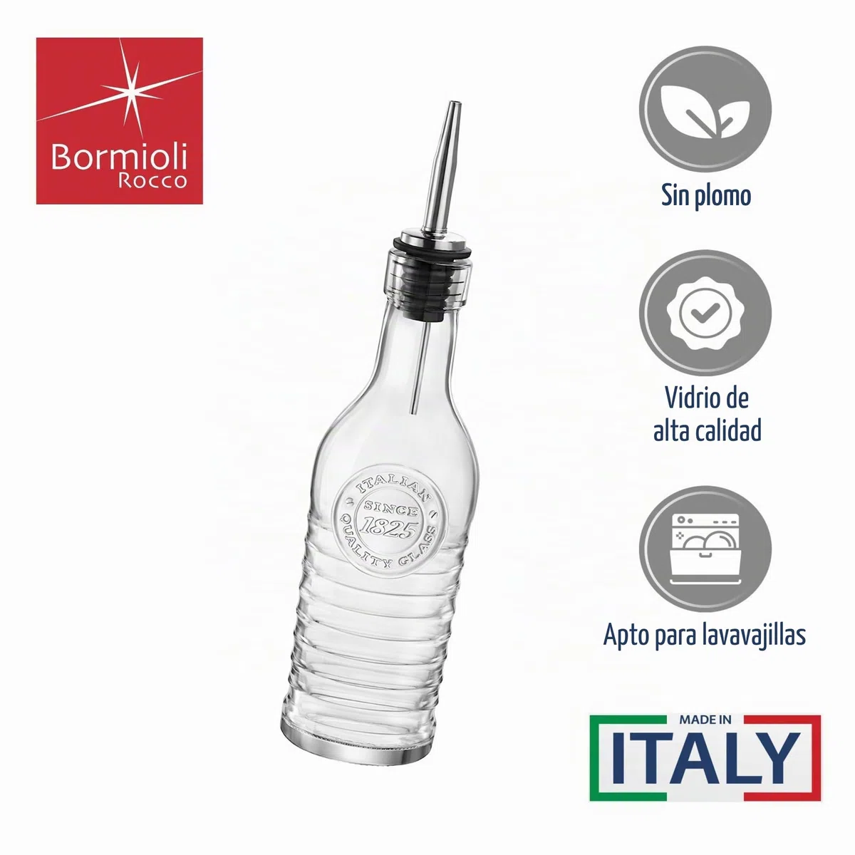 BORMIOLI ROCCO Botellas de cristal Officina 1825 – para aceite de oliva/vinagre – Boquilla vertedora de acero inoxidable – 268 ml – Lote de 2