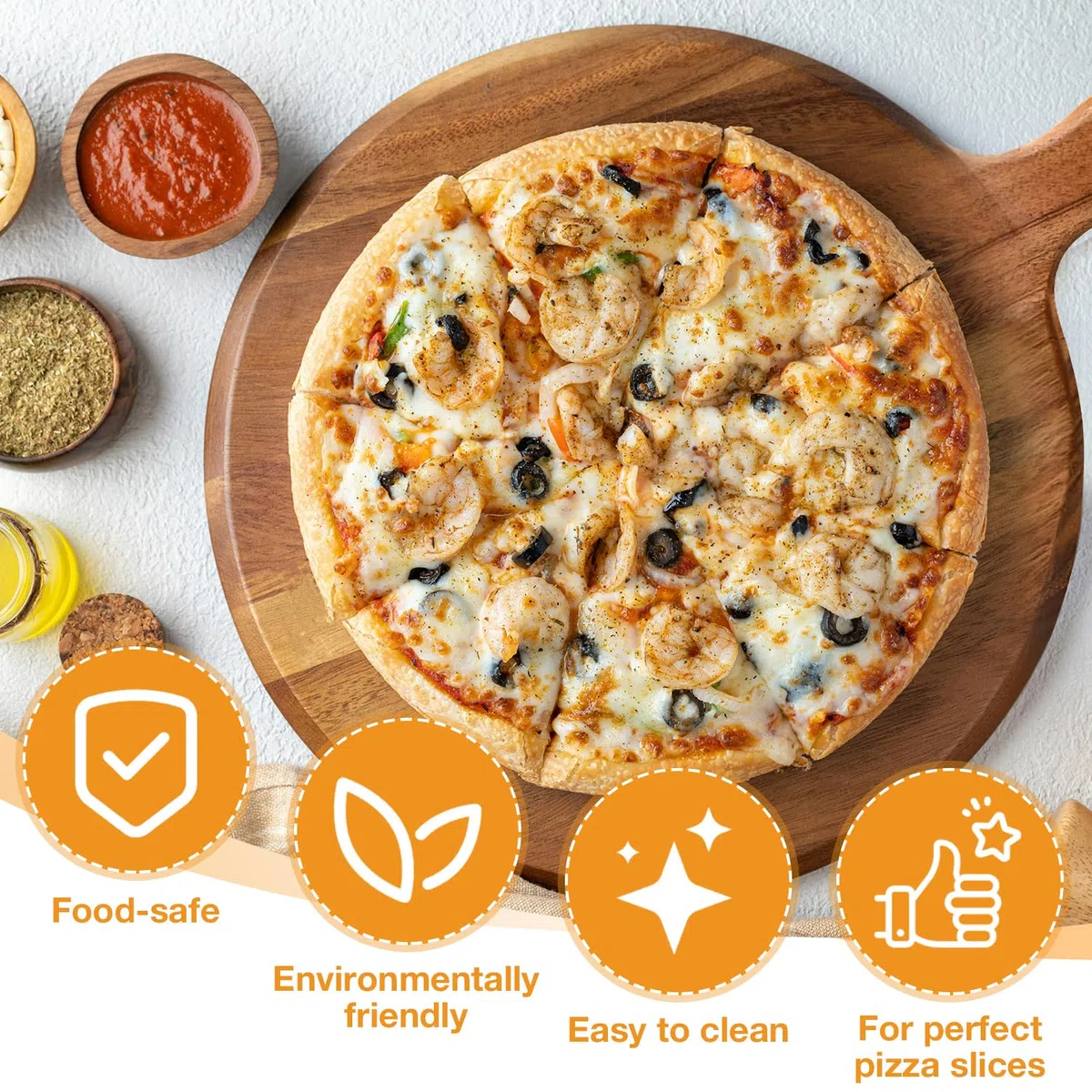 Juego de 2 tablas de pizza de madera de 30 cm de diámetro con asa, platos de madera de acacia premium, tabla redonda para servir y cortar pizzas, tartas flameadas, queso