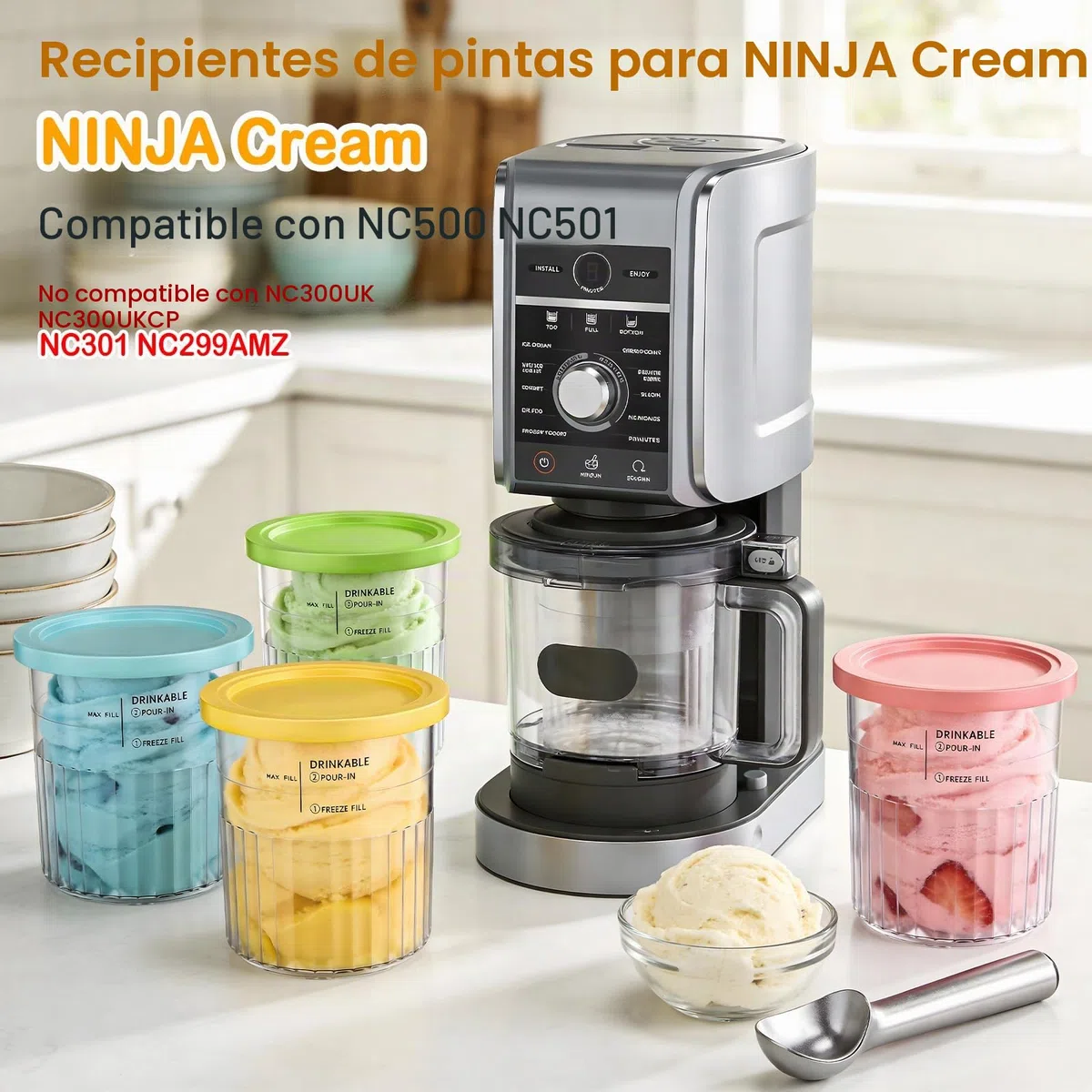 Kssvzz 4 Piezas Ninja Creami Deluxe, Recipiente para Helados con Tapa Reutilizables, Libre de BPA, Apto para Lavavajillas, 24 oz Aptos para Lavavajillas, sin BPA, con Cuchara de Aluminio (NC500)