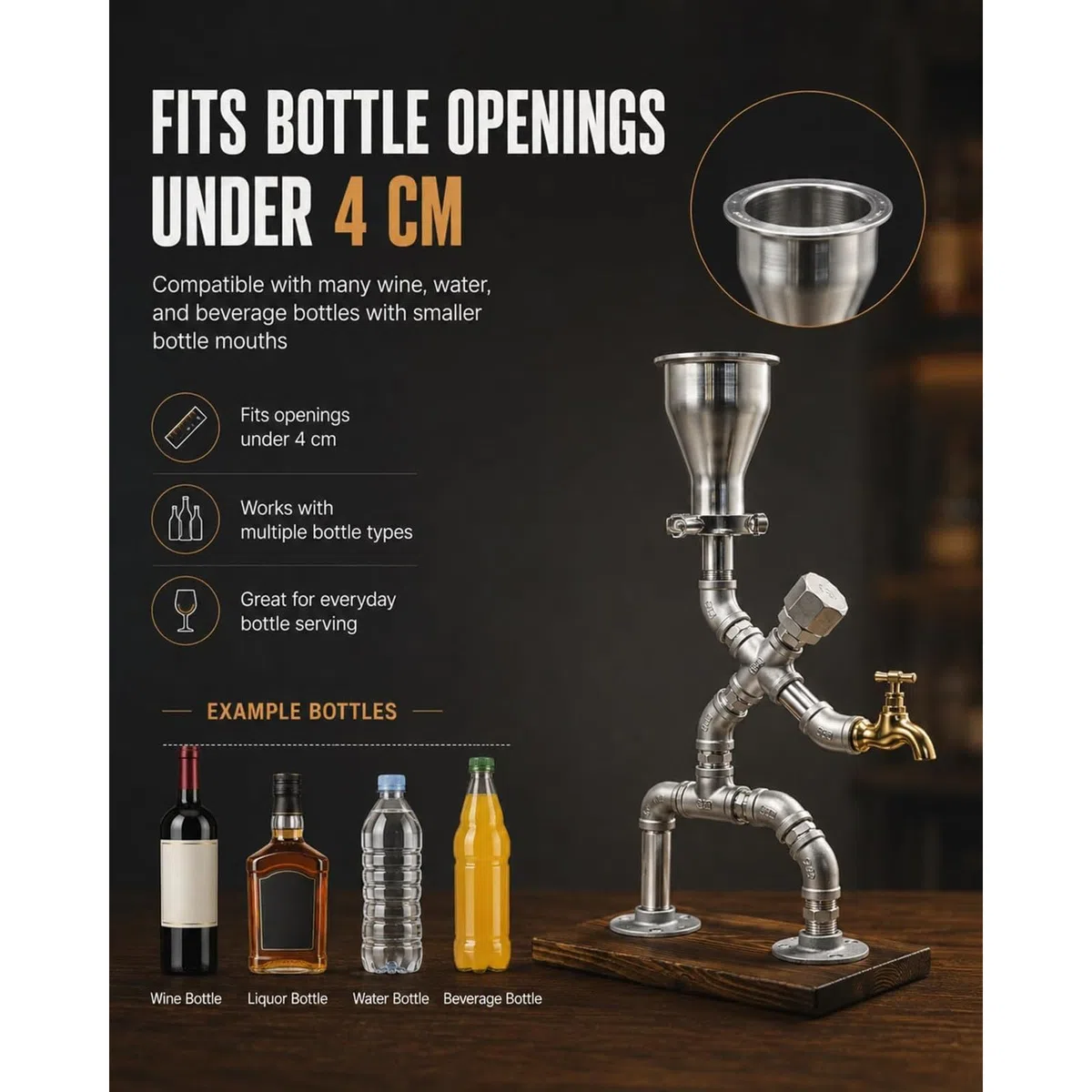 Dispensador de bebidas por gravedad de estilo industrial, dispensador de licor artesanal estilo steampunk, robot camarero con diseño de tuberías industriales, para bar en casa o pub.