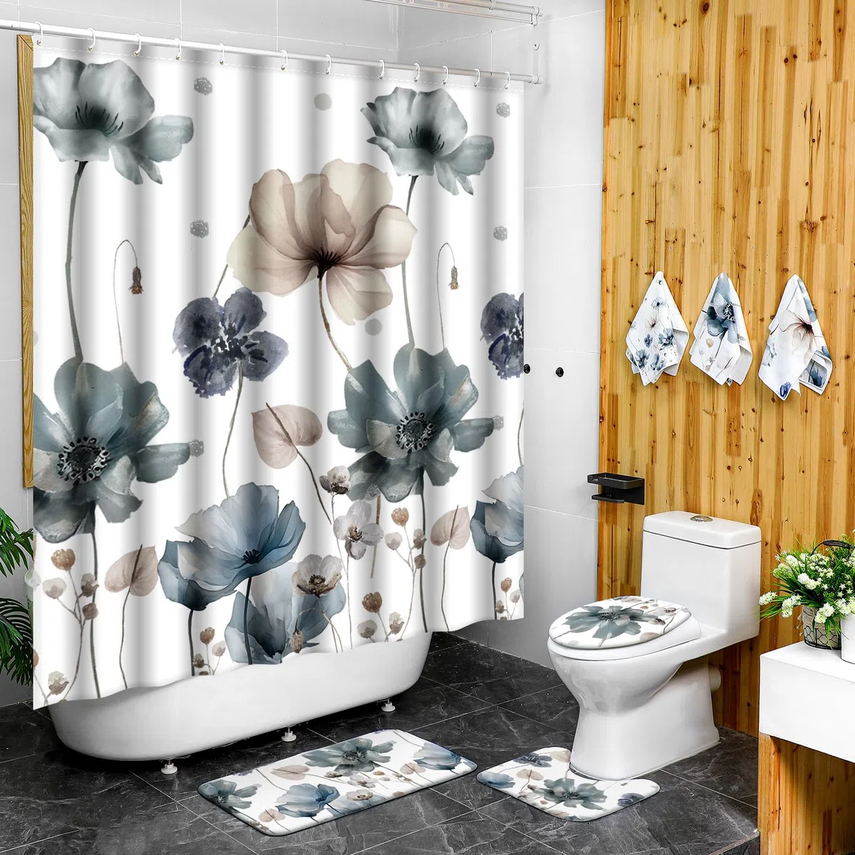 Newwiee Juego de 7 cortinas de ducha con diseño floral bohemio para decoración de baño, cortina de ducha y tapetes, toallas, alfombrilla de inodoro, impermeable, accesorios de baño de acuarela