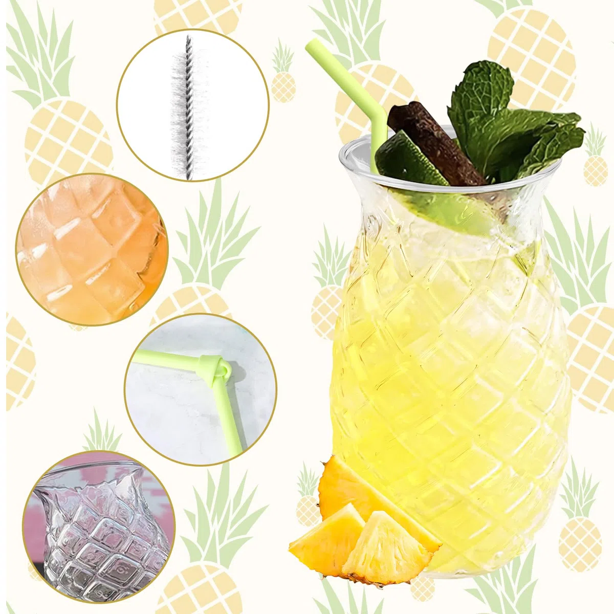 Juego de 4 vasos de piña: 400 ml, vasos de cóctel transparentes con relieve de piña, vasos de fiesta reutilizables con 4 pajitas + cepillos de paja, vasos de zumo en forma de piña para casa