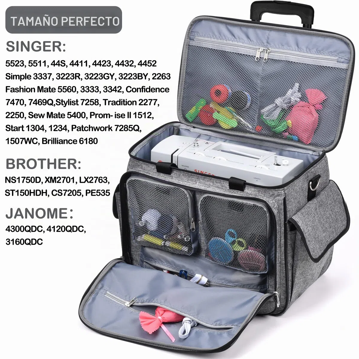 cab55 Estuche para máquina de Coser con Ruedas, Funda de Transporte Desmontable para máquina de Coser con Ruedas, Bolsa de Mano con Tabla de Madera Inferior extraíble para la mayoría de máquinas de