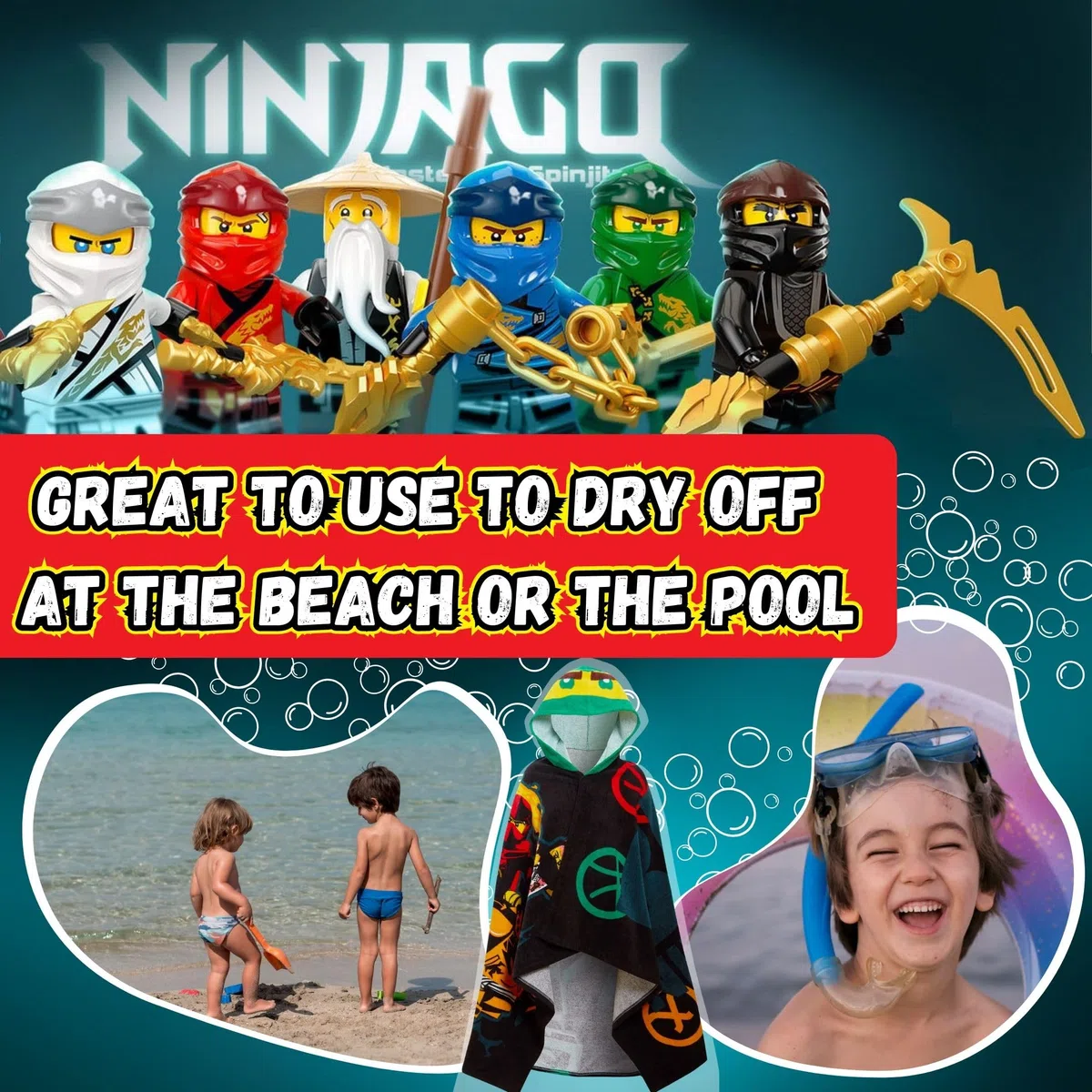 LEGO Toalla con capucha Ninjago para niños, poncho, toalla de playa, toalla de baño, envoltura para nadar