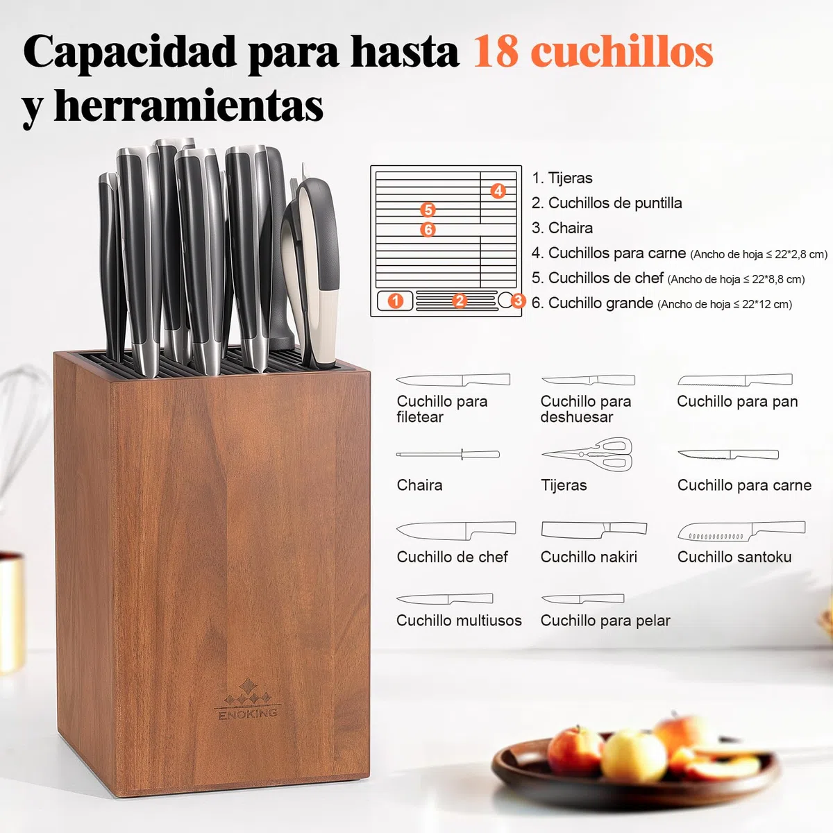 ENOKING Soporte Cuchillos Cocina de Madera de Acacia, tacoma cuchillos Con Tapa de Plástico, porta cuchillos cocina de para Cuchillos y Tijeras/Varilla de Afilar