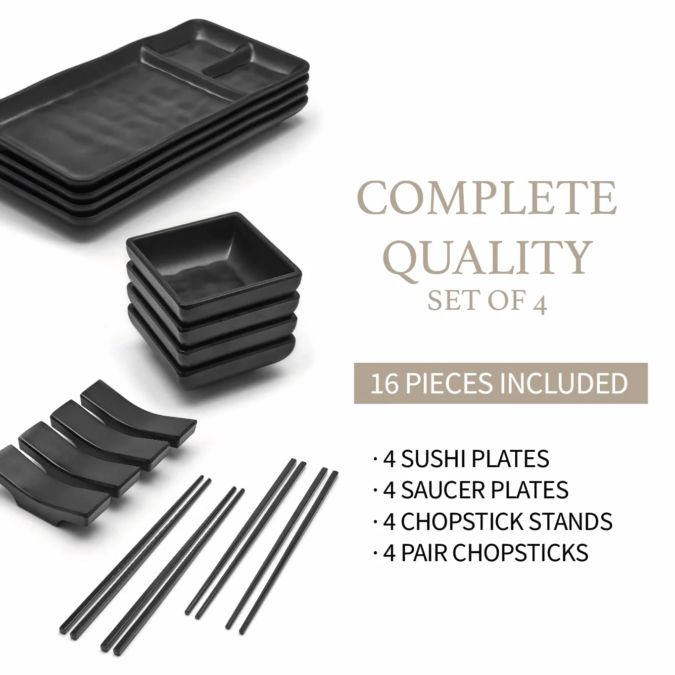 Vajilla Sushi Japonés (16 Piezas) – 4 Platos Individuales (19 X 14 Cm), 4 Tazones Para Salsa, 4 Pares De Palillos, 4 Soportes Para Palillos. En Melamina. Negro