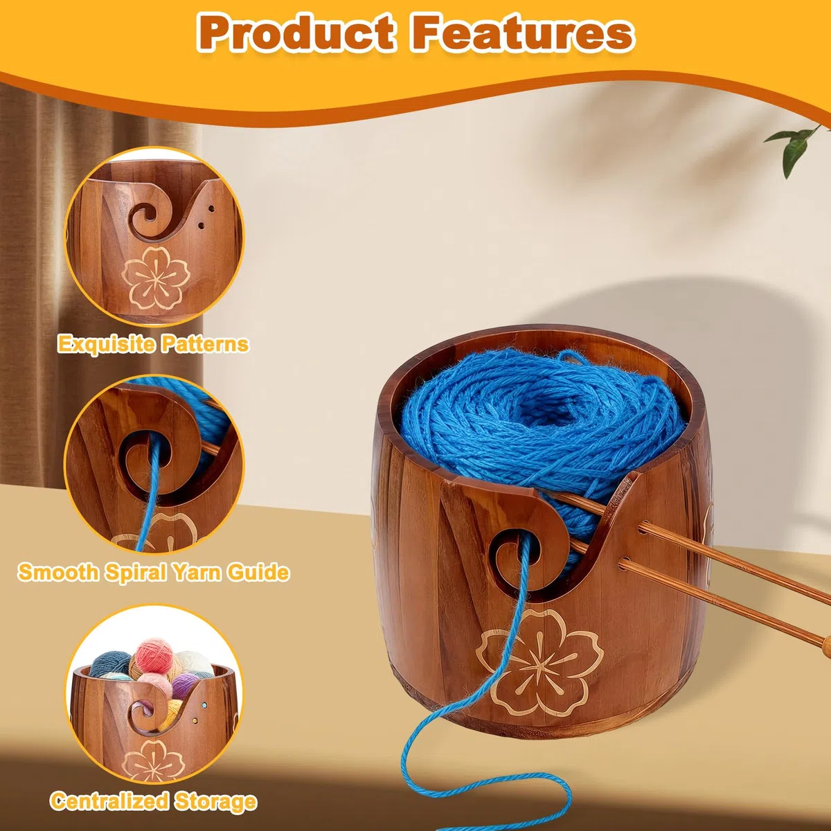 Cuenco para hilo, cuenco grande para hilo de madera de pino, cuenco para almacenamiento de hilo de 6,89x6,89x5,31 pulgadas, adecuado para crochet a mano, borlas, tejido con nudos (sin tapa)