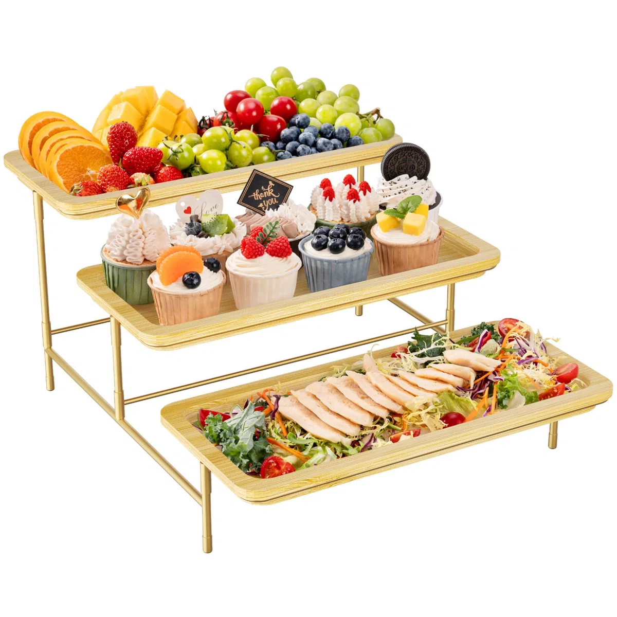 Lifewit Bandeja de servir de bambú de 3 niveles, 36 x 17 cm, bandeja de servir con soporte de metal dorado para suministros de fiesta, accesorios de bufé, grandes bandejas reutilizables para