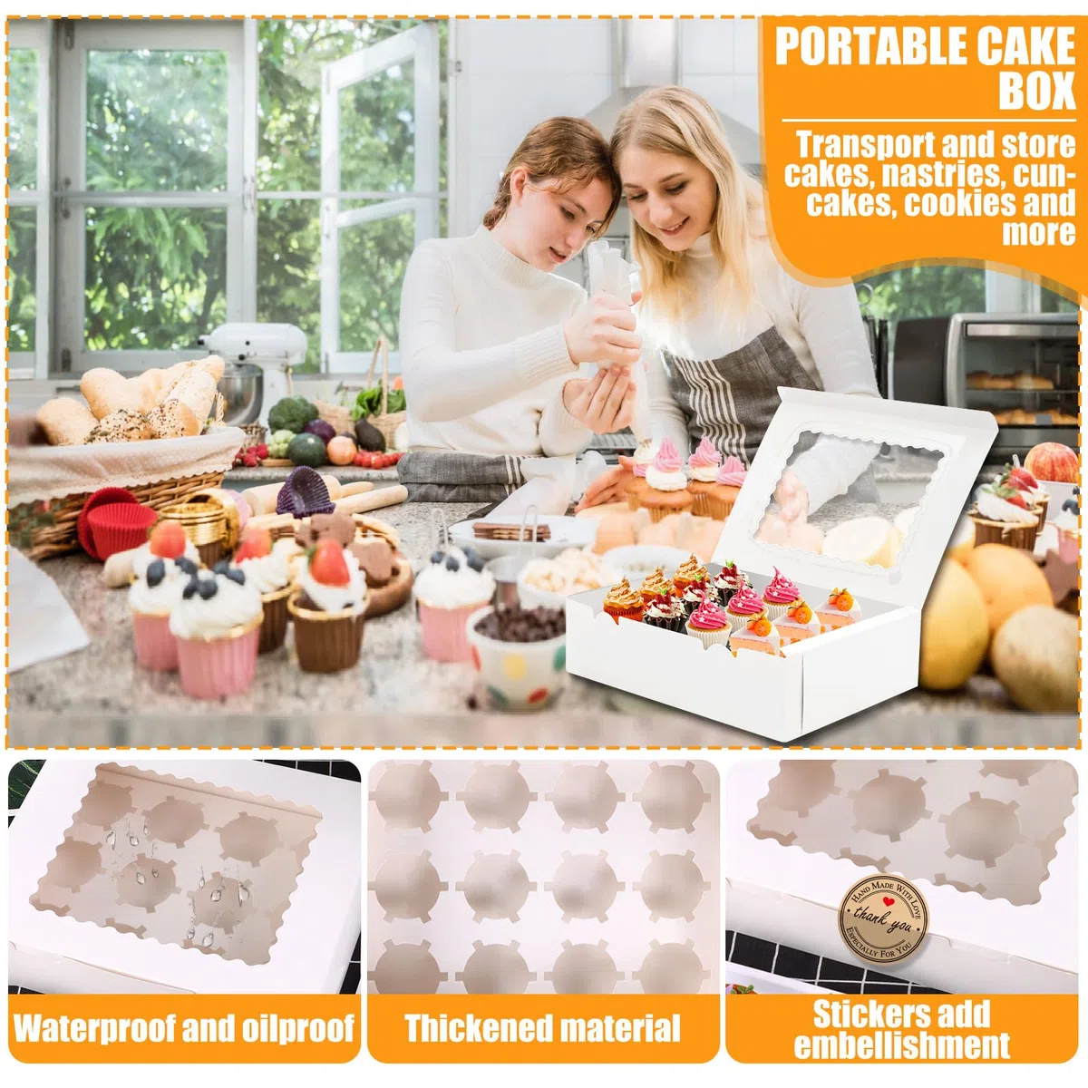 UCAMP Paquete de 16 Cajas Para Cupcakes,Cajas para Tartas con Ventana,Cupcakes con Cinta,Pegatinas y Tarjetas de Felicitación,Adecuado para Navidad,Cumpleaños,Bodas,12 Hoyos