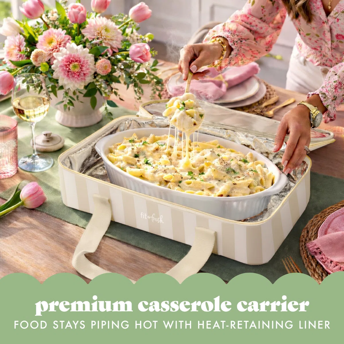 Fit & Fresh Cazuela aislada, transportador de alimentos de dos pisos para dos platos de 9 x 13 pulgadas, bolsa expandible de transporte de alimentos fríos y calientes con bolsillo con cremallera para