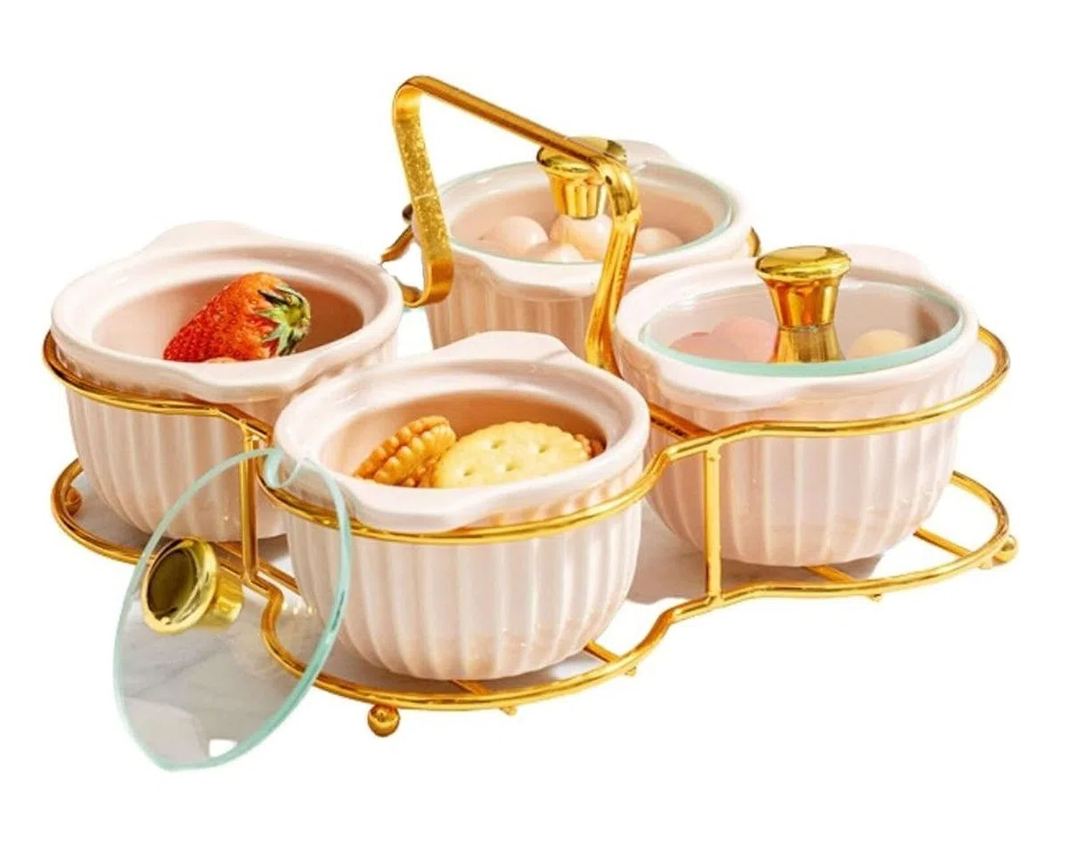 SAeWare Juego de 4 recipientes de cerámica para condimentos con tapa de cuchara y bandeja, tarros de condimentos con cuchara, cocina, especias, azúcar, encimera de cocina, color rosa, 4 piezas