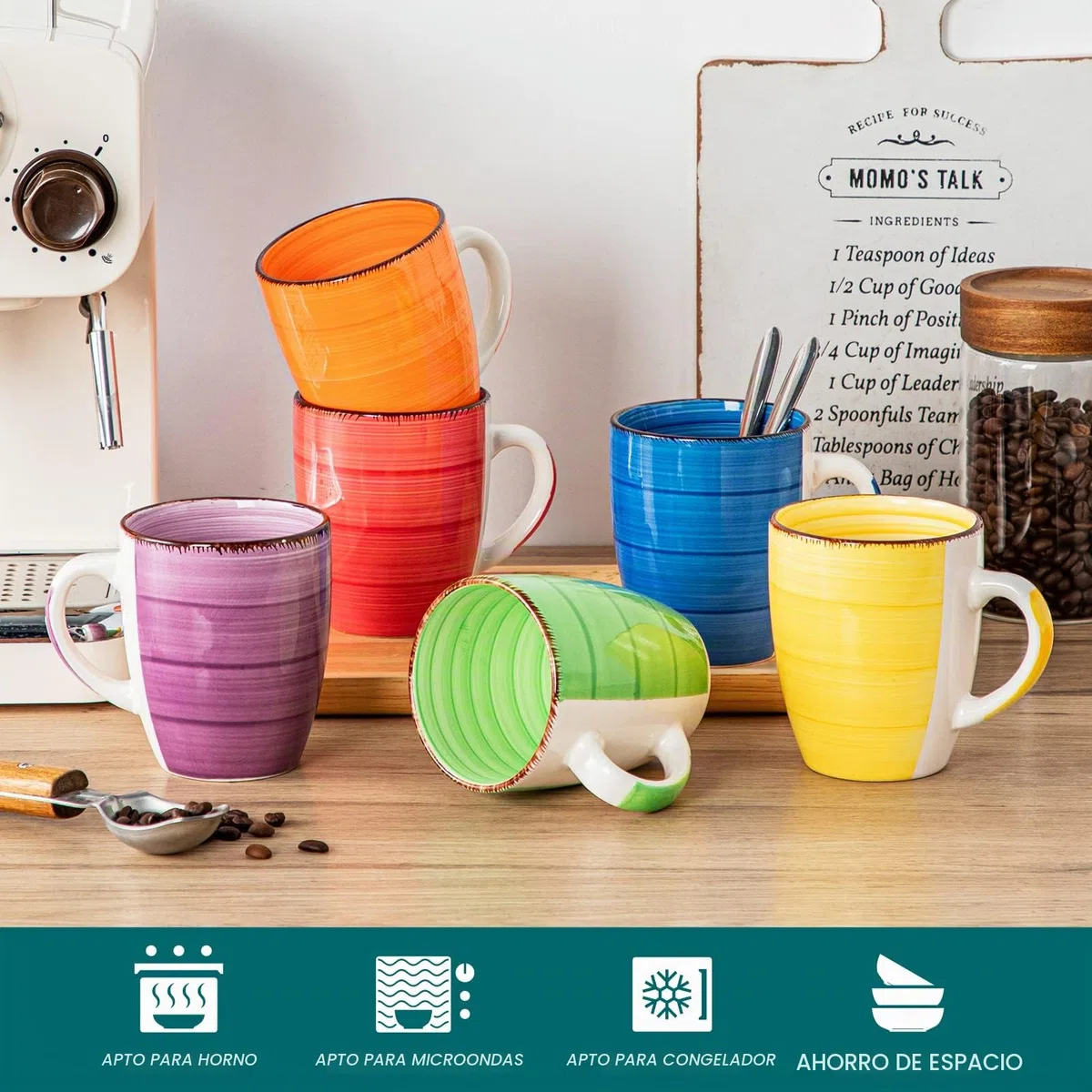 vancasso Serie Bonita Set 6 Tazas de Café, 360 ml Tazas Desayuno Mugs, Juego de Tazas de Leche, Tazas de Cerámica, Microondas y Lavavajillas, Pintados a Mano de Estilo, 6 Colores