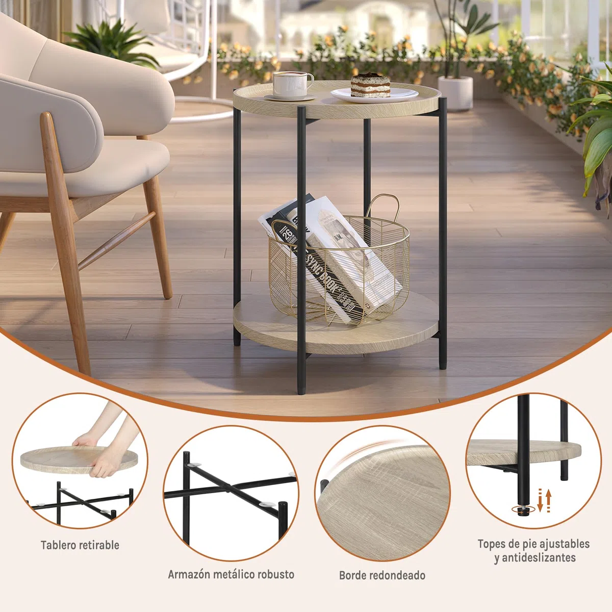WOLTU Mesa de Centro, Mesa Auxiliar Redonda con 2 Estantes, Mesita de Noche, Mesilla para Sofá Dormitorio y Salon, MDF+Metal, Roble Claro y Negro, 43x43x51 cm, BTS06hei