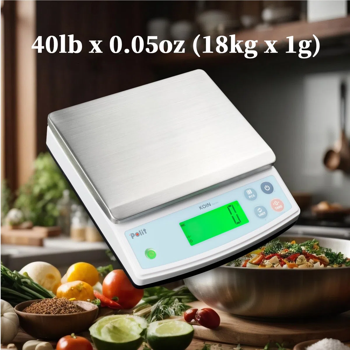 Polit KOIN - Báscula digital de cocina para alimentos, 40 lb/18 kg, precisión de 1 g, pantalla LCD, recargable, 5 unidades de peso (con adaptador de corriente)
