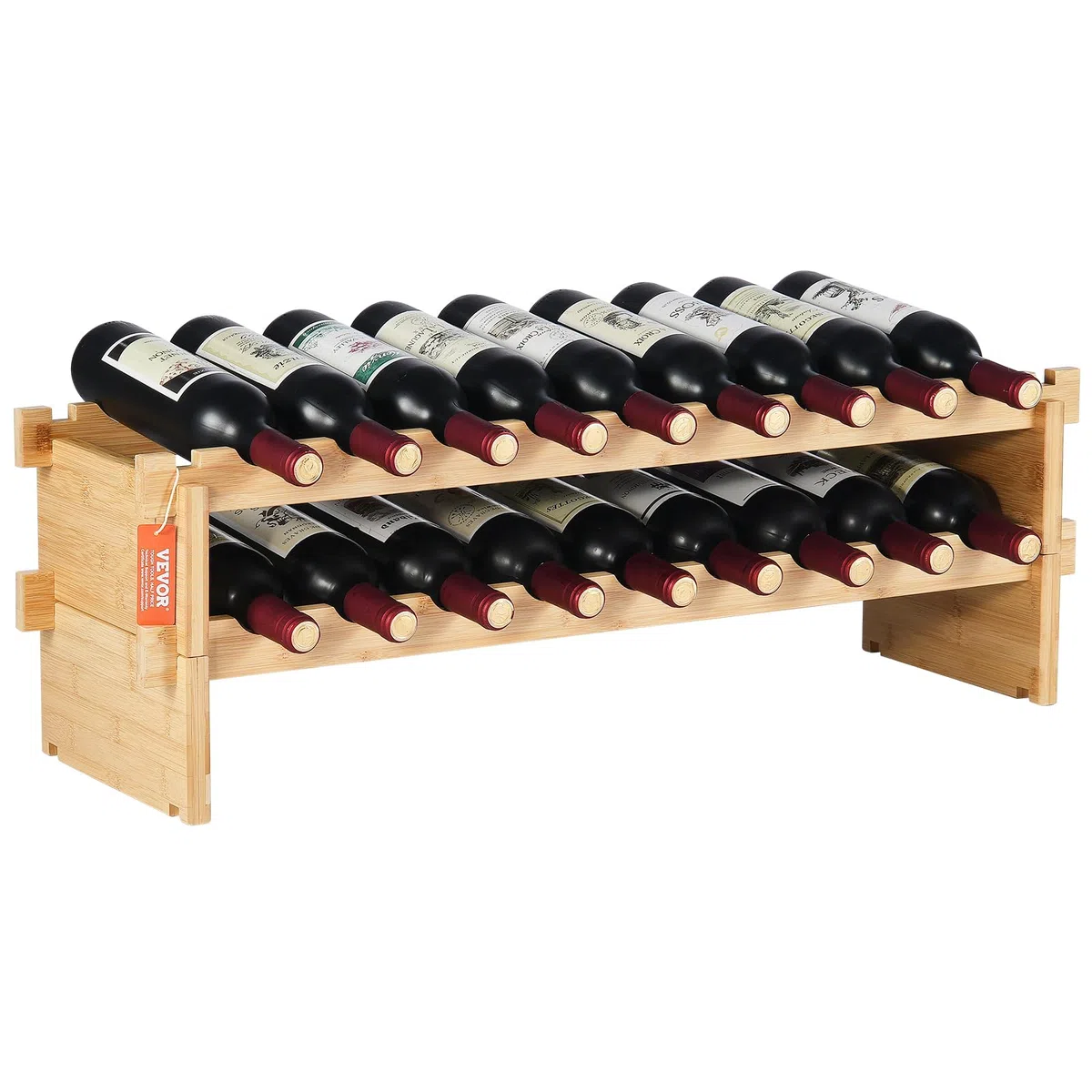 VEVOR Botellero Apilable de Vino 18 Botellas Estante de Almacenamiento de Bambú 850x250x275 mm Botellero Independiente de 2 Niveles Estantes sin Sacudidas para Cocina, Bar, Bodega, Color Natural