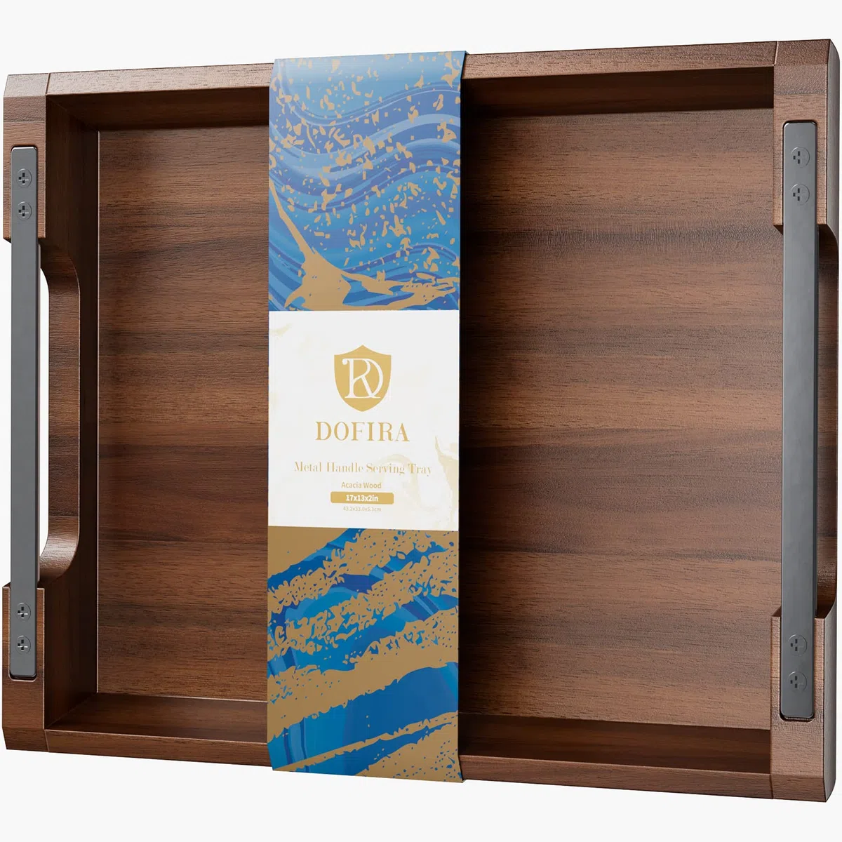 Bandeja de Servir de Madera de Acacia con Asas de Metal, Bandeja de Madera para Alimentos y Bebidas para la Mesa de Café, Desayuno, Cena y Bar, Bandeja de Almacenamiento Decorativa Rústica