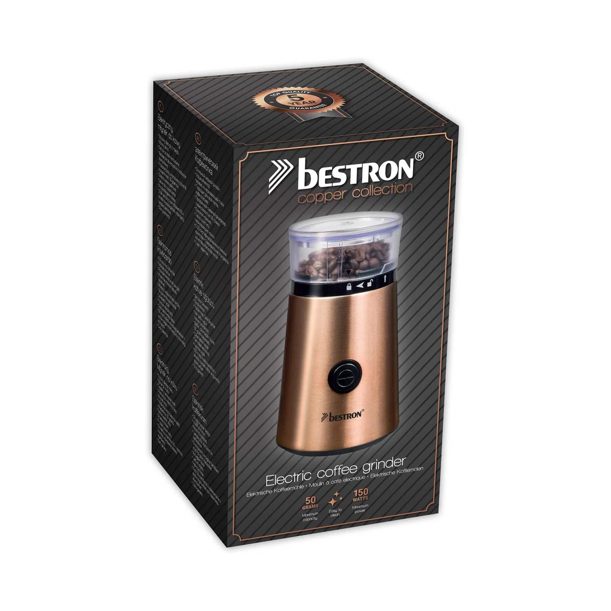 Bestron Molinillo Eléctrico con Cuchilla de Acero Inoxidable, 150 W, Capacidad: 50g, Acero inoxidable en Color Cobre